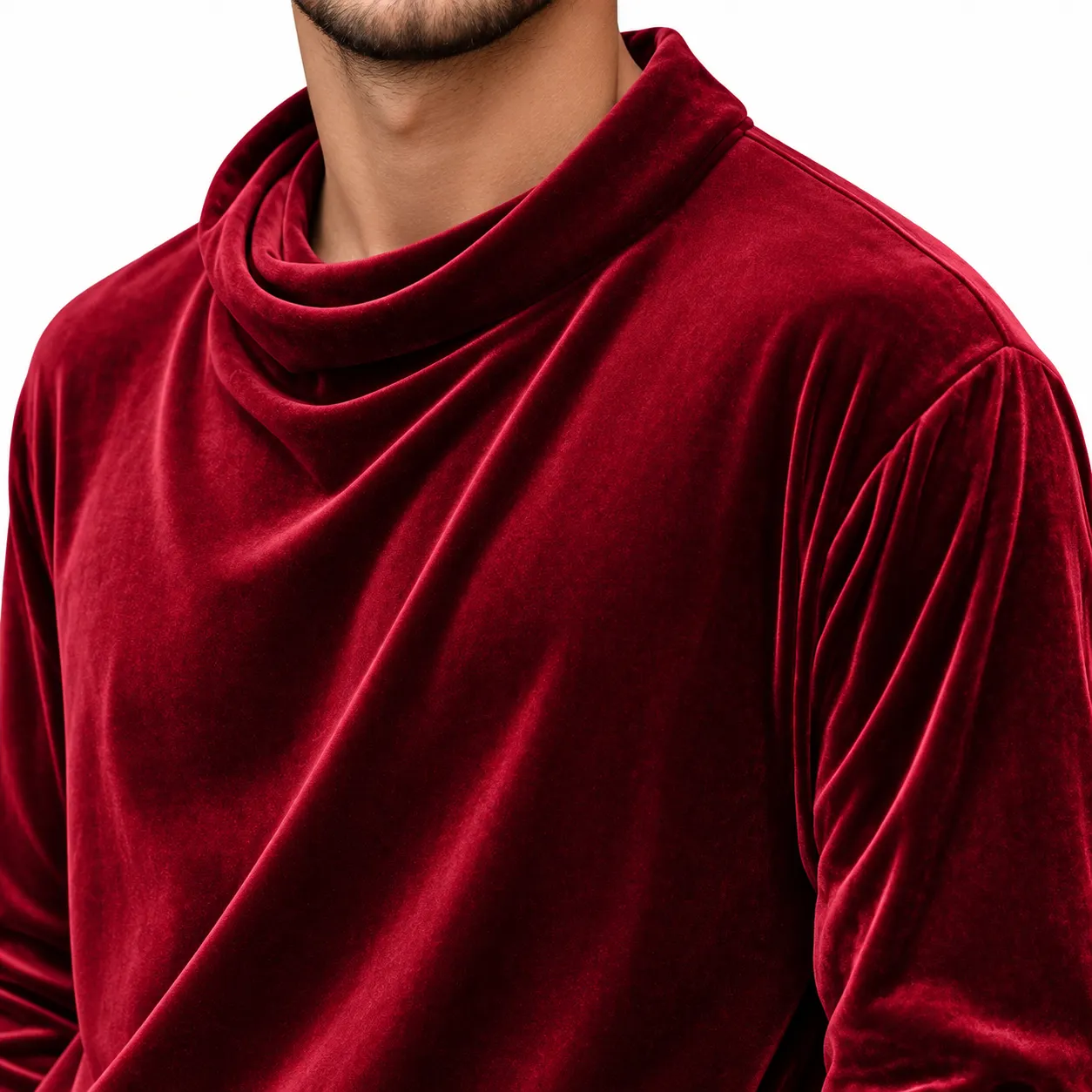 Men's wine red velvet pullover detail