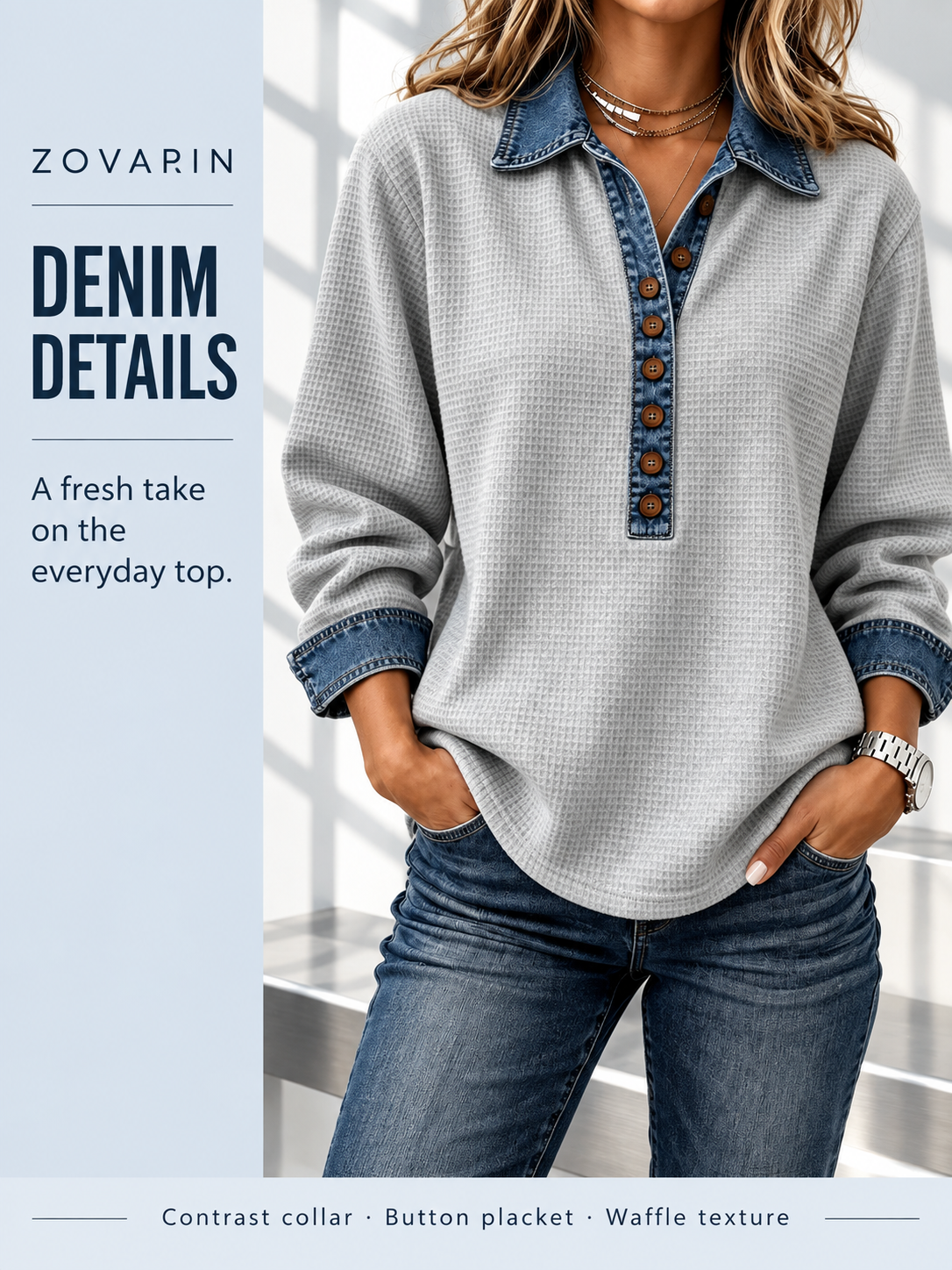 Denim Collar Button Waffle Top Casual Daily Presentation