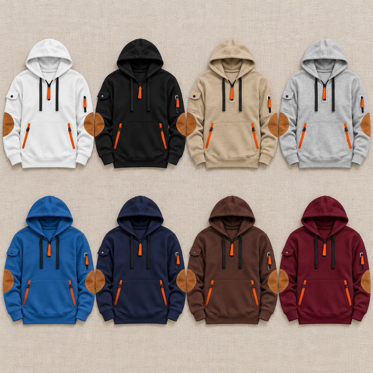 Consistent front-view comparison of White, Black, Khaki, Gray, Blue, Navy, Brown, Burgundy