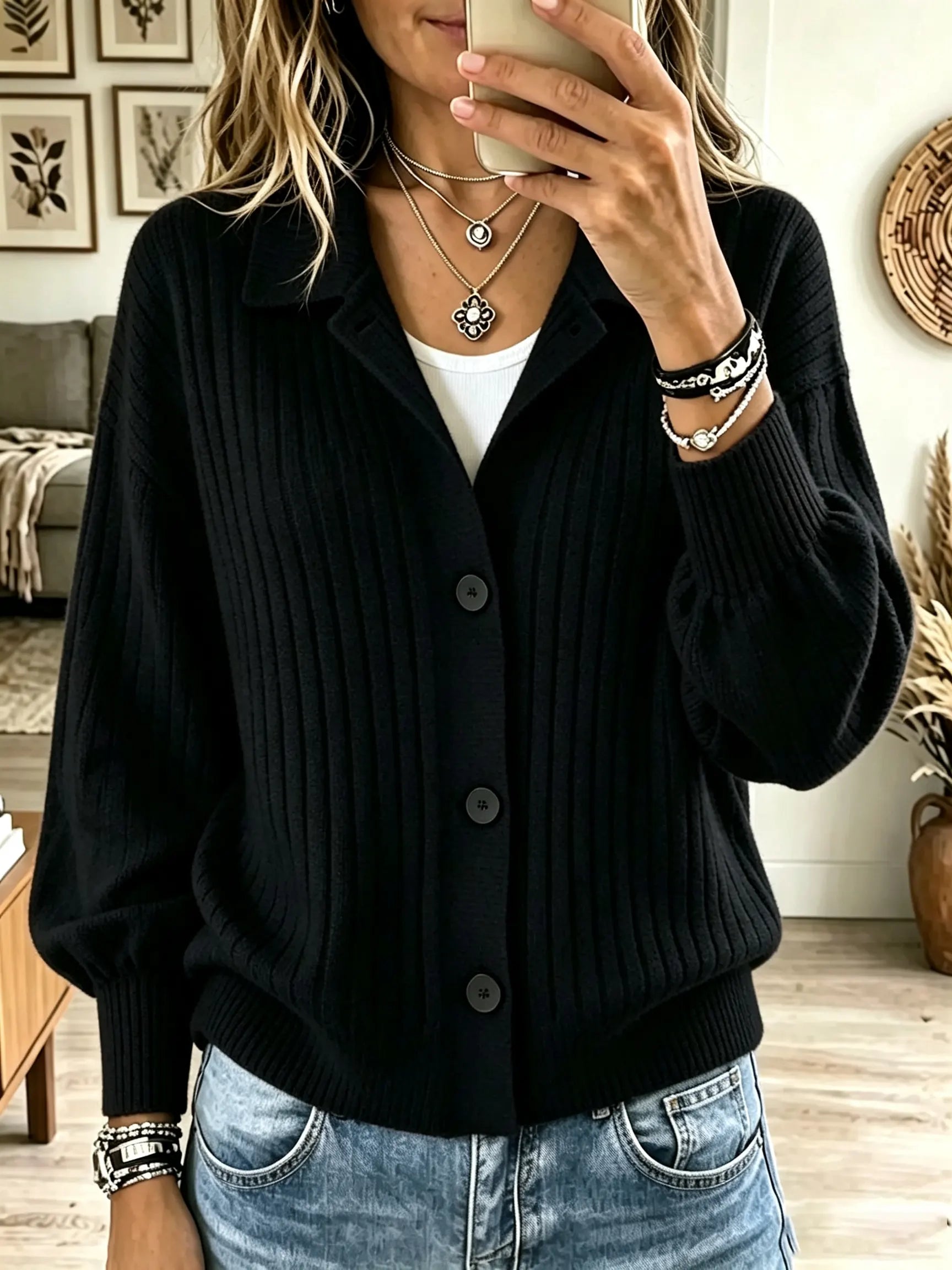 🤲LAST DAY SAVE 49% ⏰Women's Polo Collar Button-Down Ribbed Cardigan