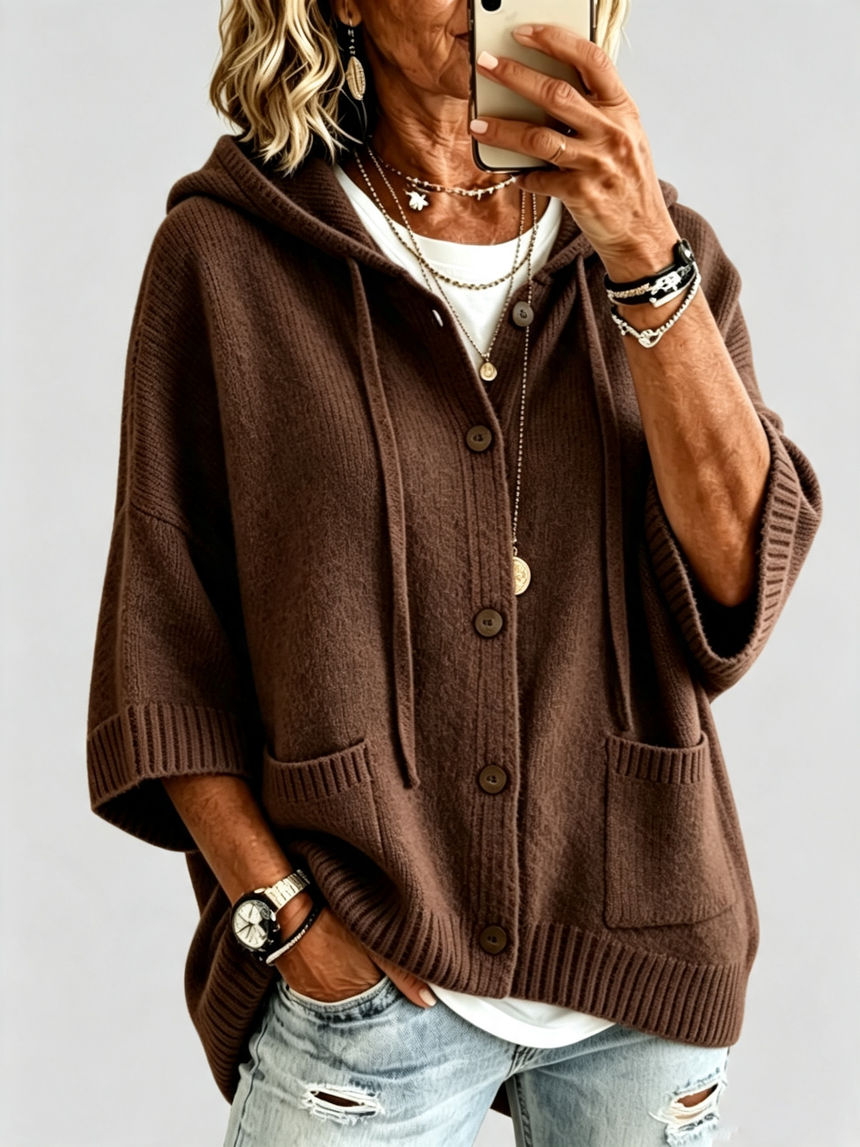 Women's Hooded Knit Cardigan Sweater – Button Front Cozy Oversized Layering Jacket
