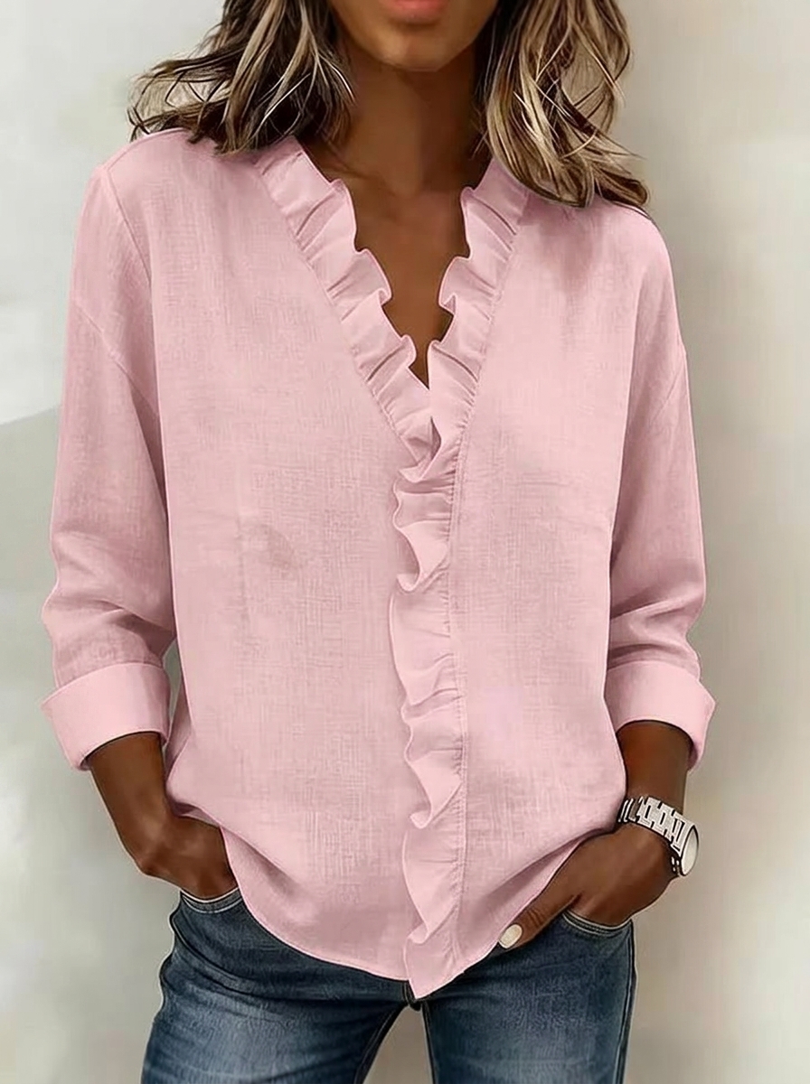 Elegant Ruffle V-Neck Linen Blend Blouse