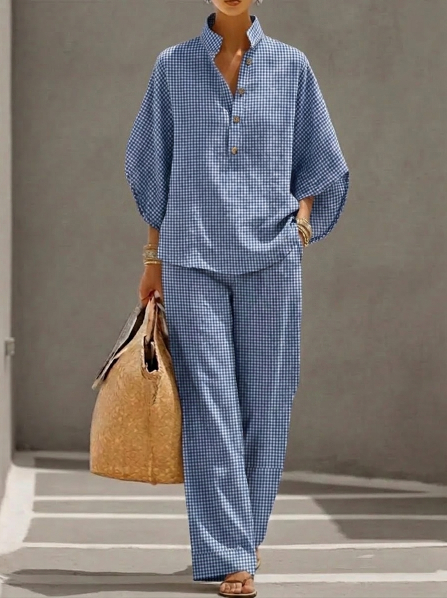 Limited-Time Offer: 49% OFF🔥Women’s Cotton Linen Gingham Henley Two-Piece Set
