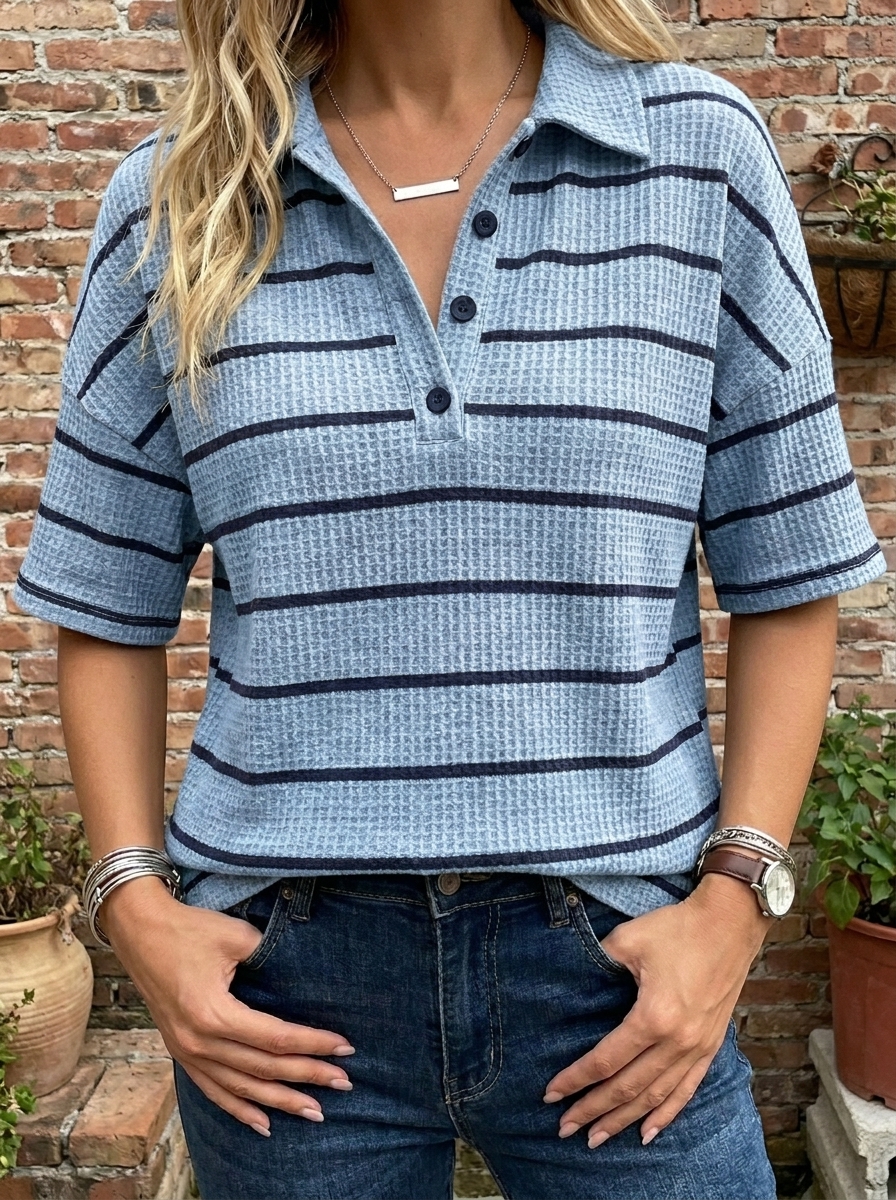 Women’s Striped Waffle Knit Polo Top