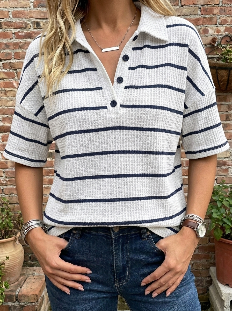 Women’s Striped Waffle Knit Polo Top