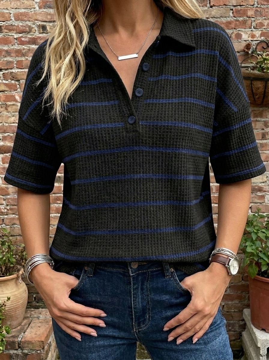 Women’s Striped Waffle Knit Polo Top