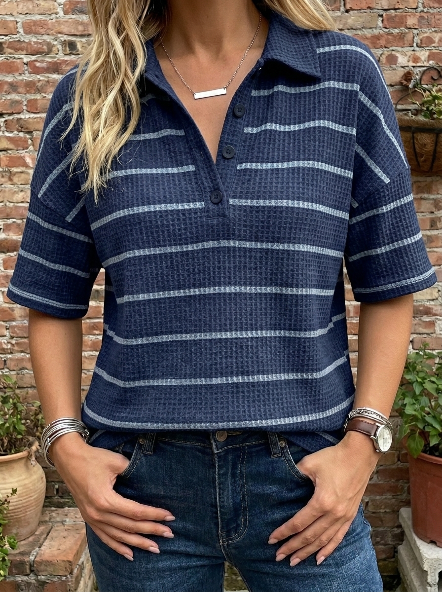 Women’s Striped Waffle Knit Polo Top