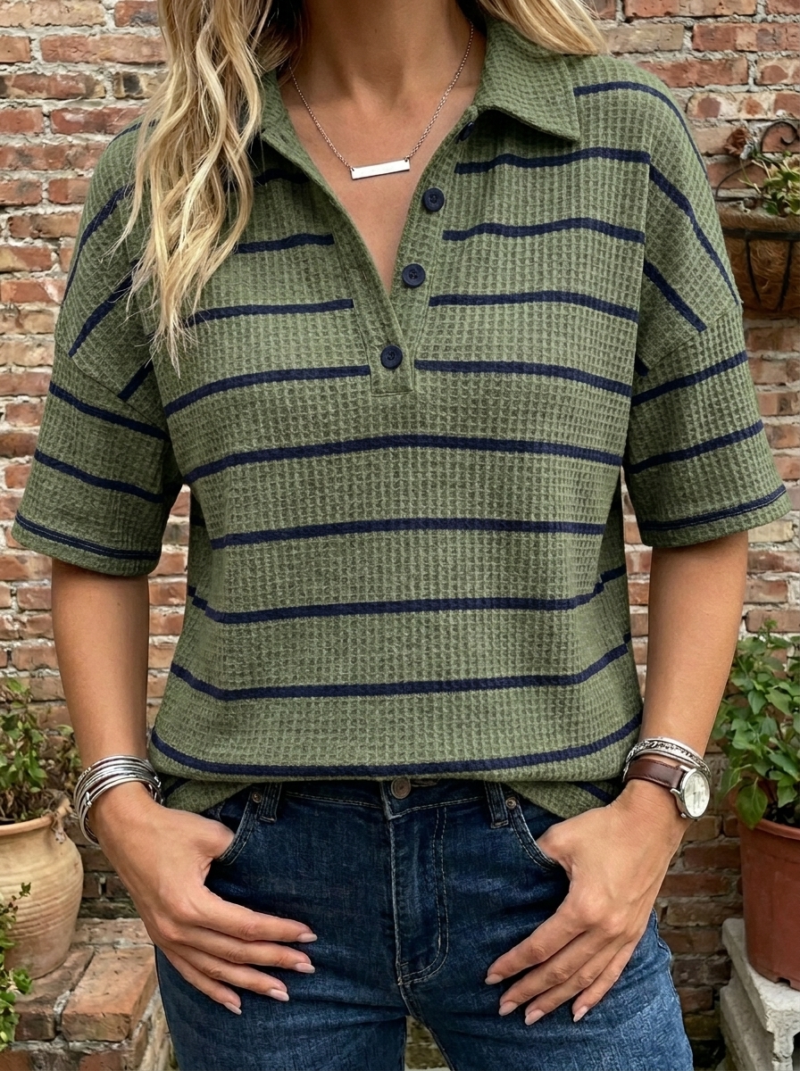 Women’s Striped Waffle Knit Polo Top