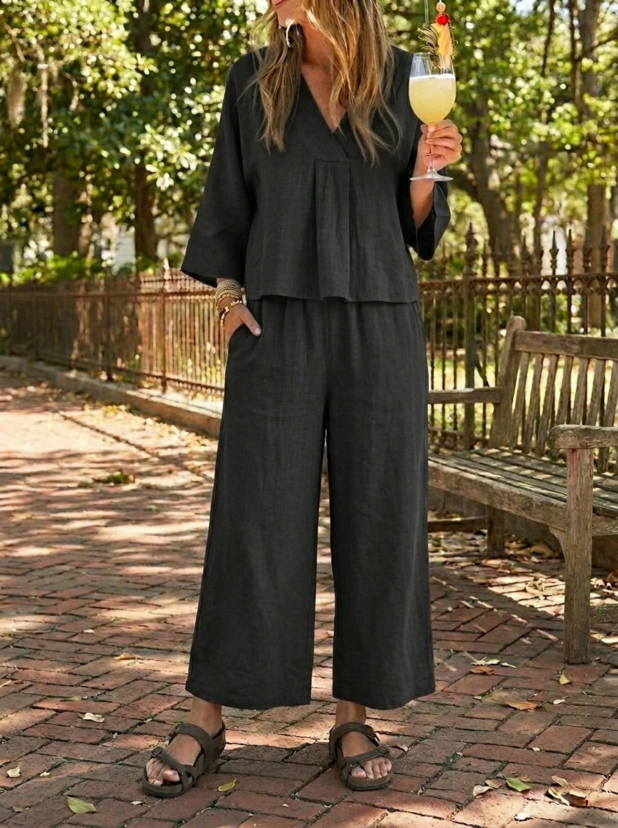 Women’s Linen V-Neck Wide-Leg Two-Piece Set