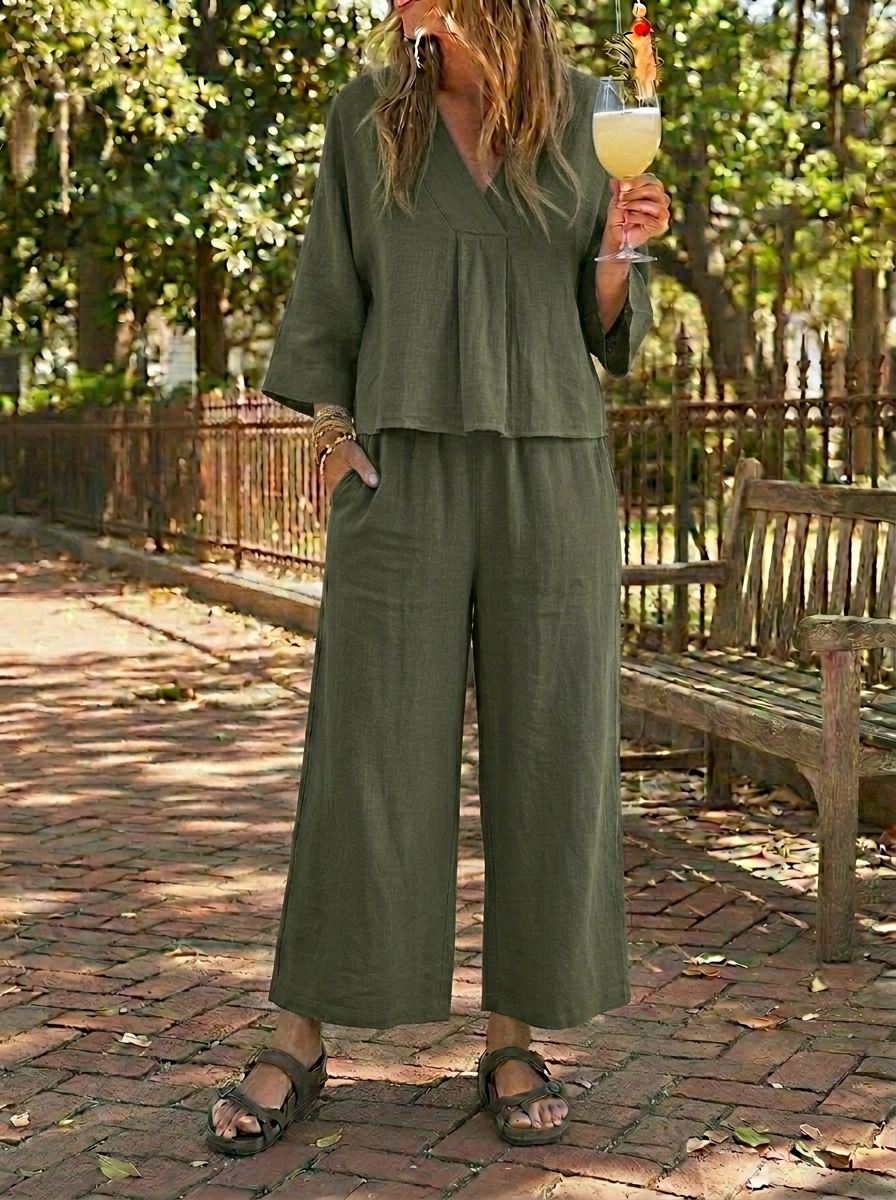 Women’s Linen V-Neck Wide-Leg Two-Piece Set