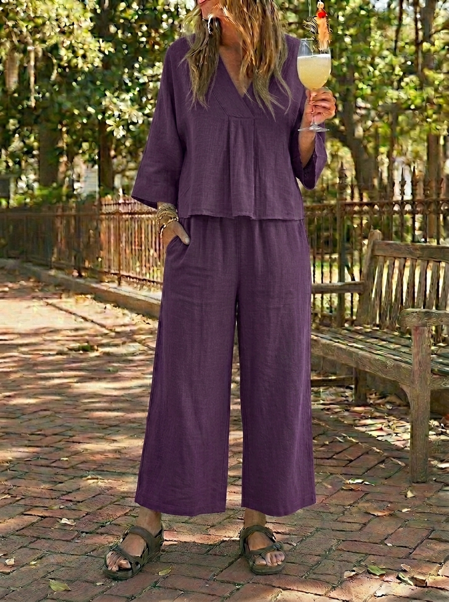 Women’s Linen V-Neck Wide-Leg Two-Piece Set