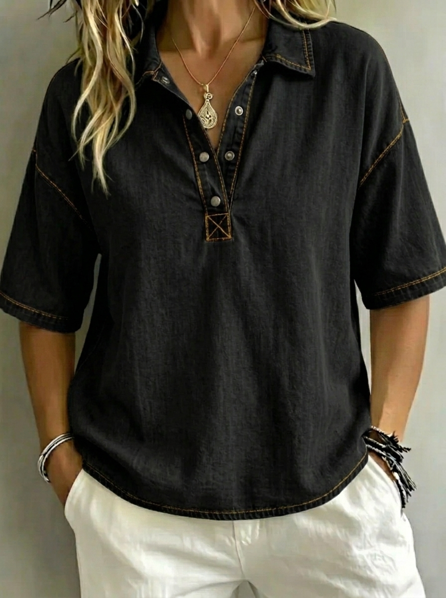 Women’s Washed Denim Polo Casual Top