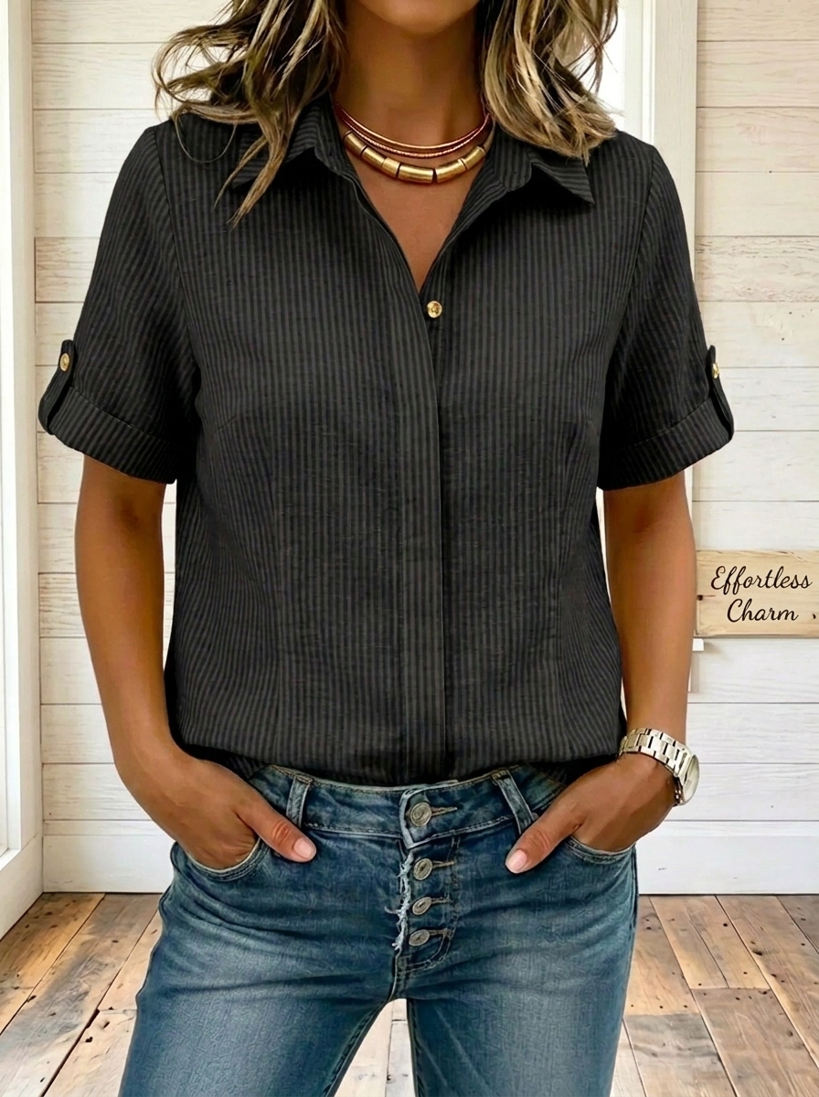 Women’s Striped Cotton Linen Collared Button Blouse Top