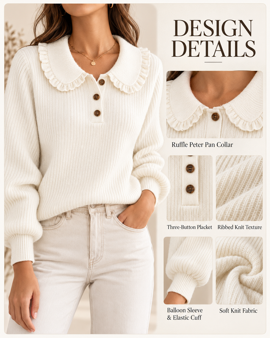 Close-up design story showing the ruffle Peter Pan collar, three-button placket, ribbed knit and lantern sleeve cuffs of the sweater