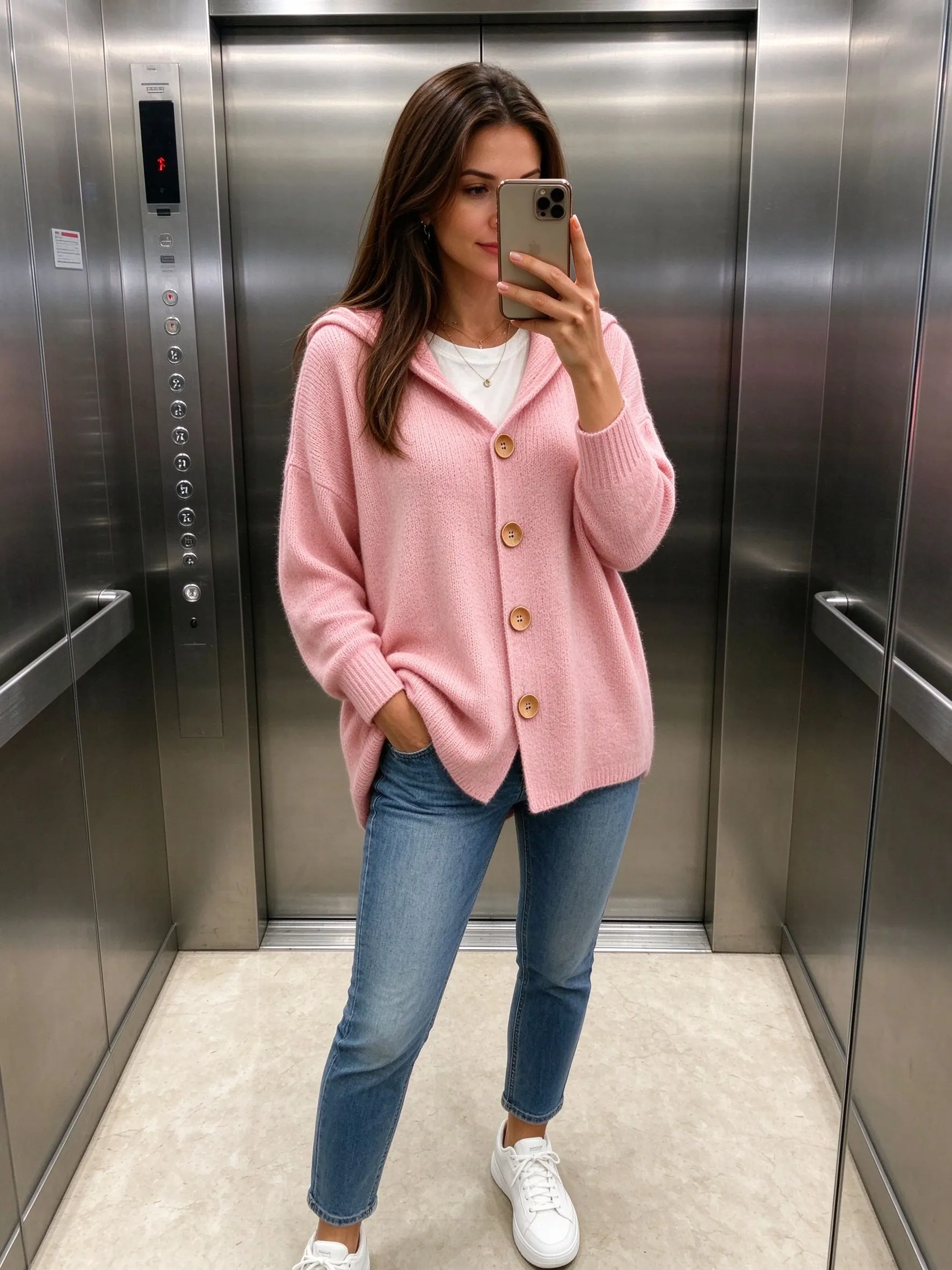 pink cardigan elevator selfie