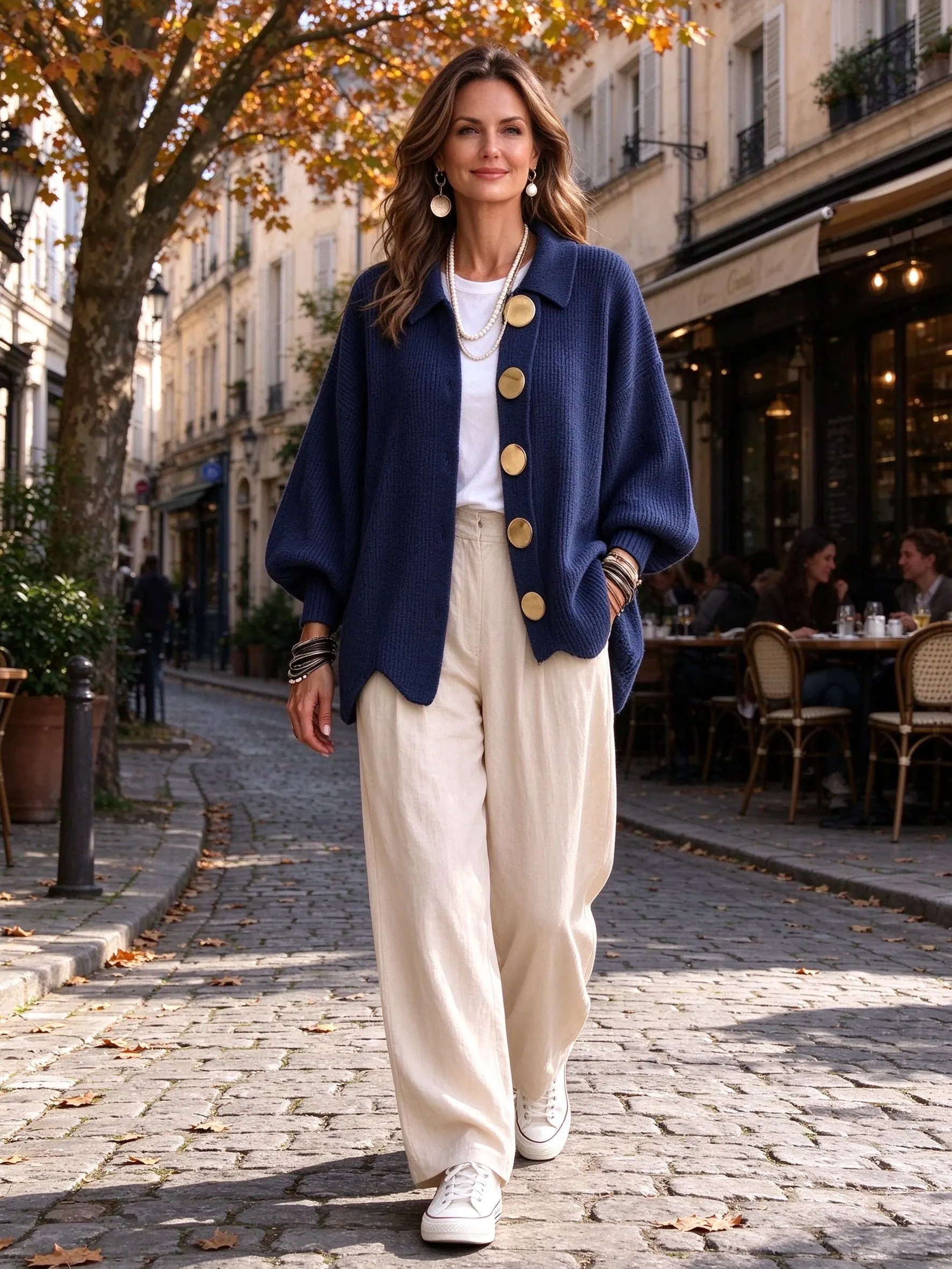 navy cardigan with wide leg trousers on cobblestone