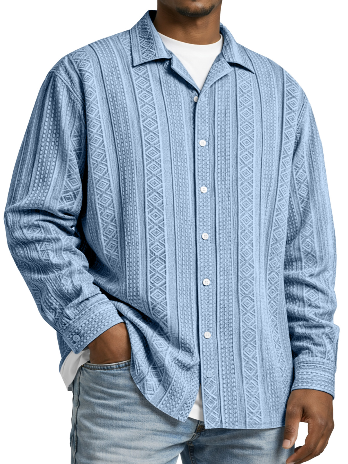 Men's Simple Solid Color Textured Long-sleeved Collared Shirt
