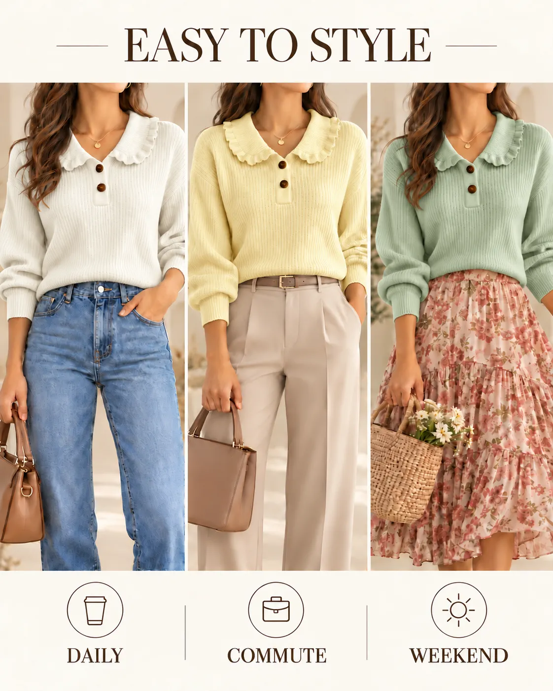 Three outfit ideas styling the ruffle-collar ribbed sweater with jeans, tailored trousers and a skirt