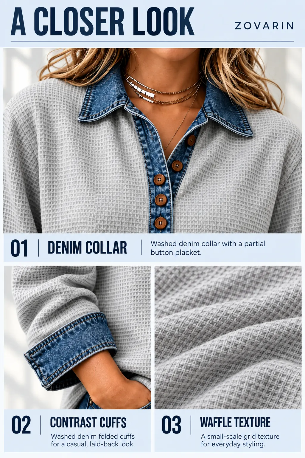 Denim Collar Button Waffle Top Closer Look
