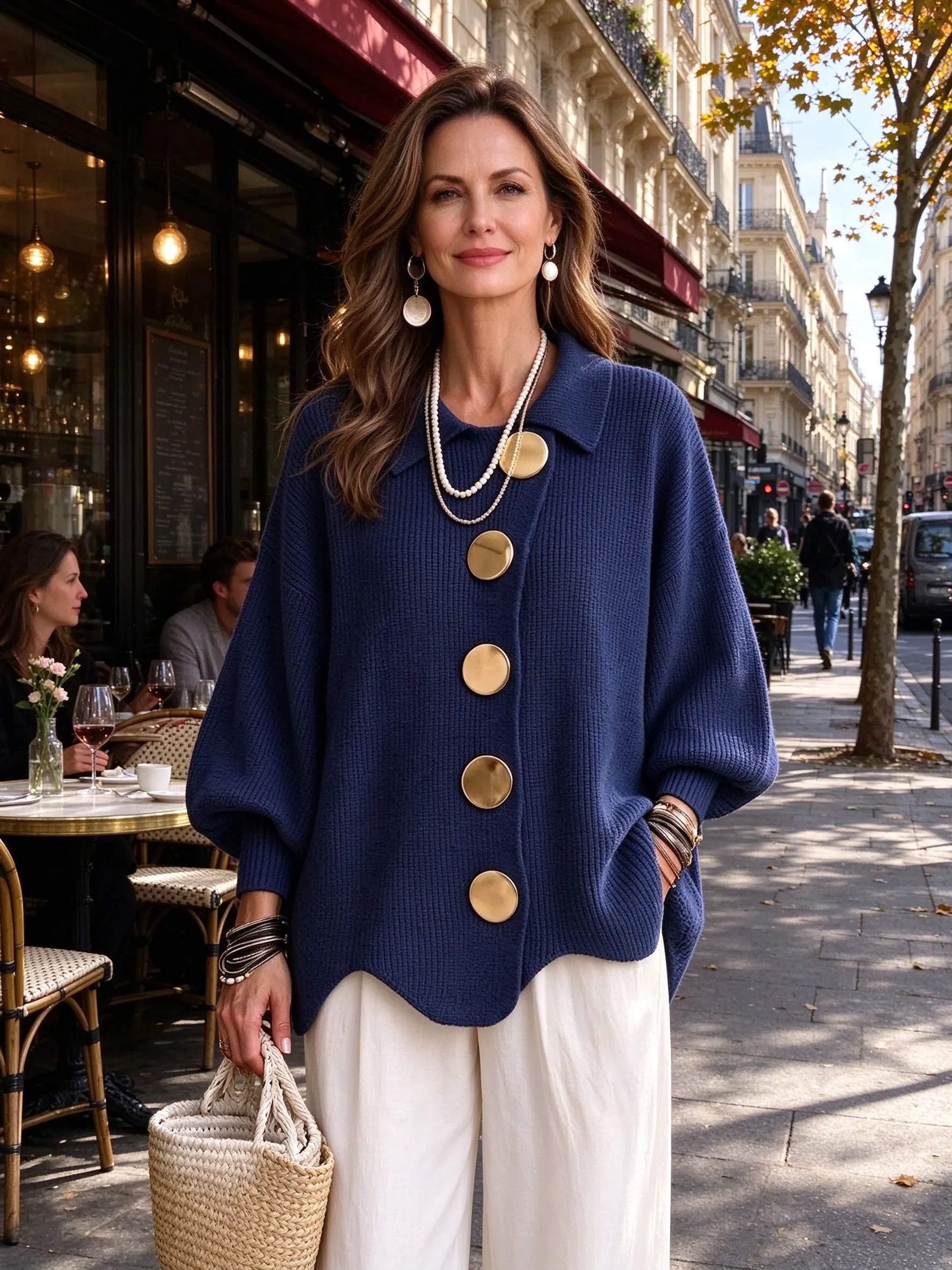 woman in navy gold-button cardigan at parisian cafe