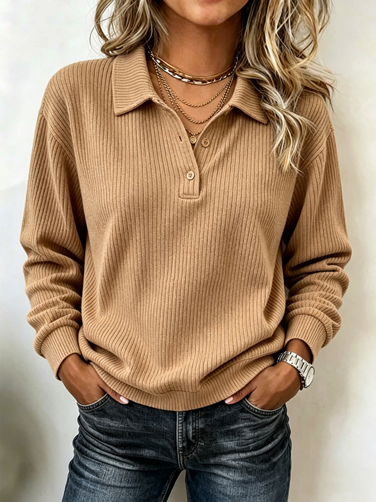 Women's Ribbed Polo Sweater – Relaxed Fit Button Collar Top for Everyday Wear