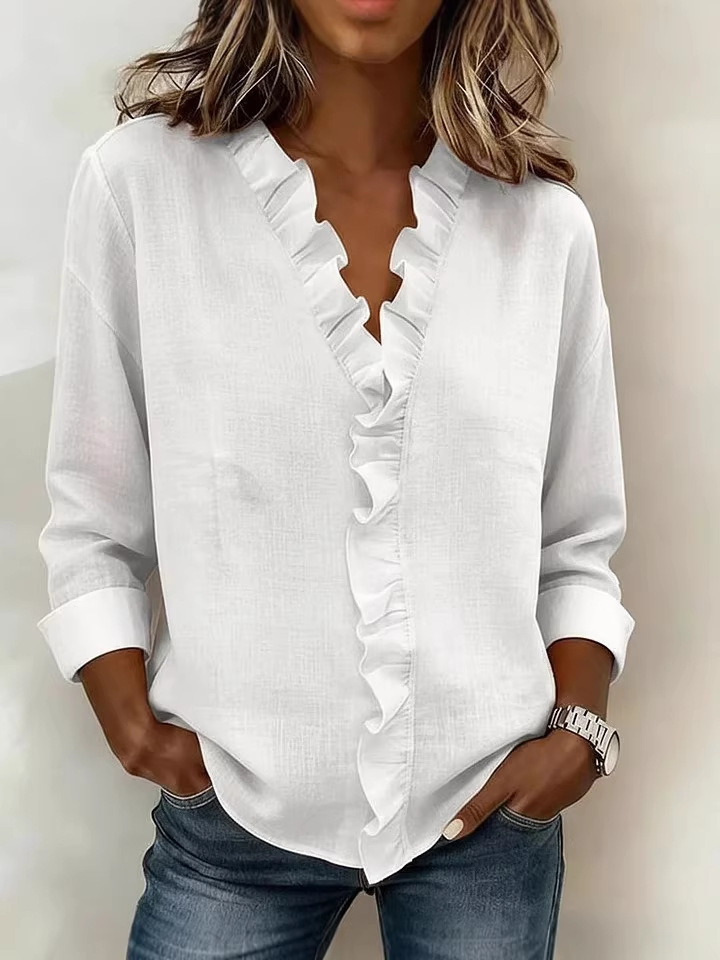 Elegant Ruffle V-Neck Linen Blend Blouse