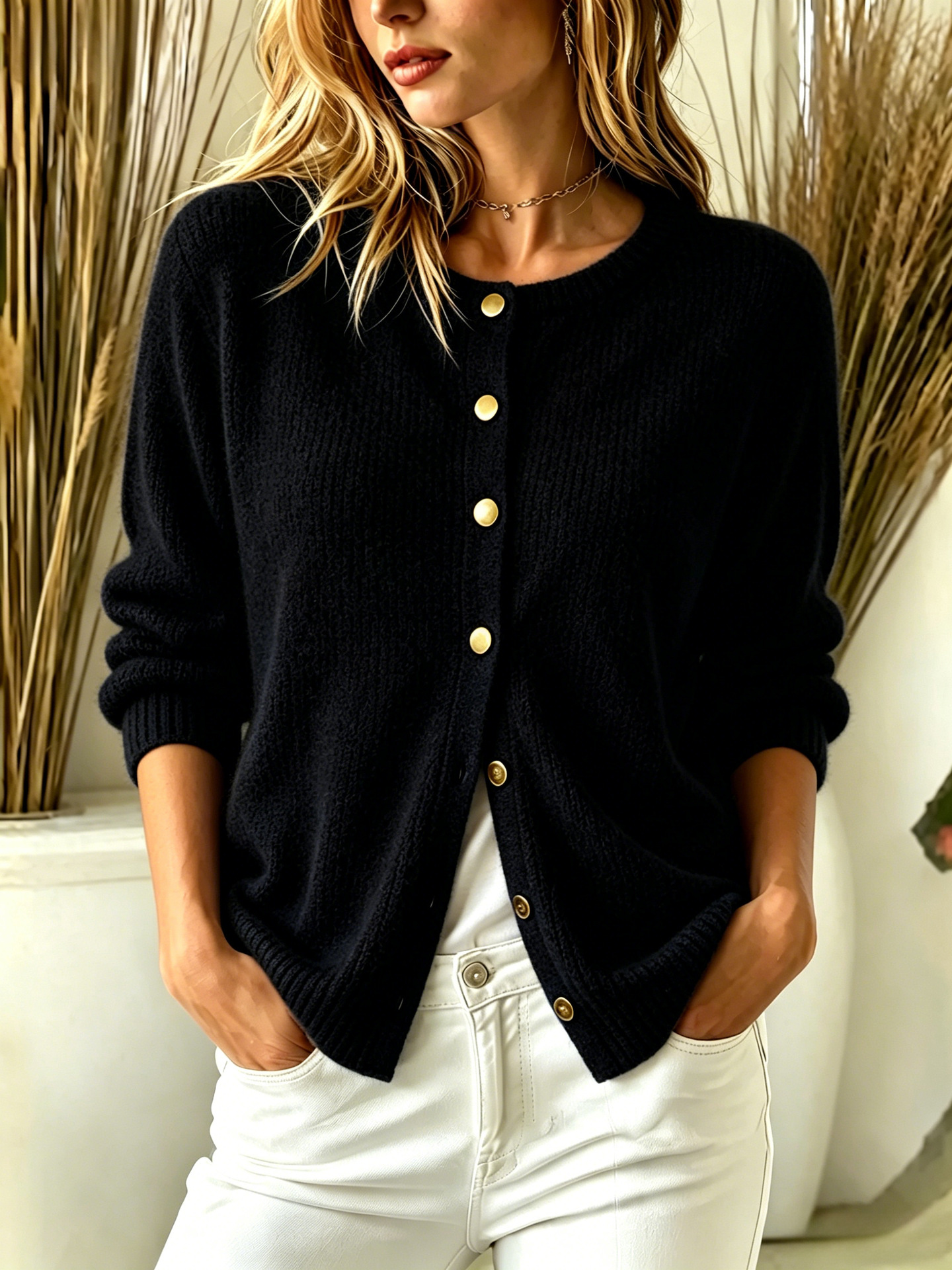 Women's Knit Button Cardigan – Soft Textured Crew Neck Sweater for Everyday Wear