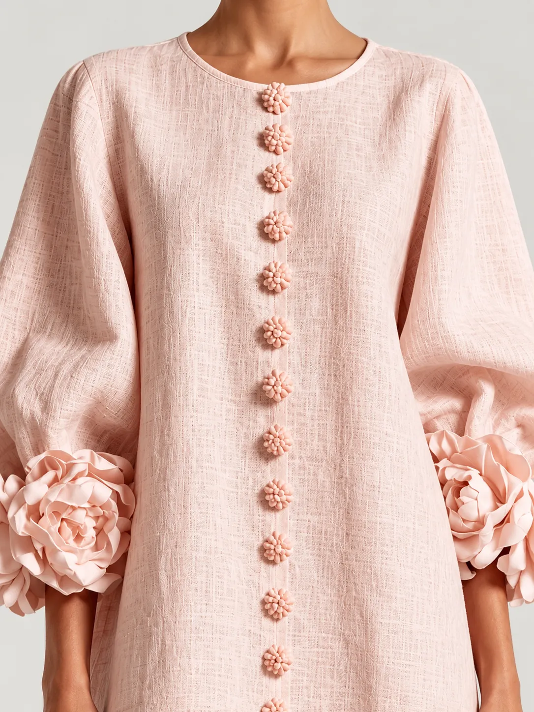 Close-up of the round neckline and floral buttons