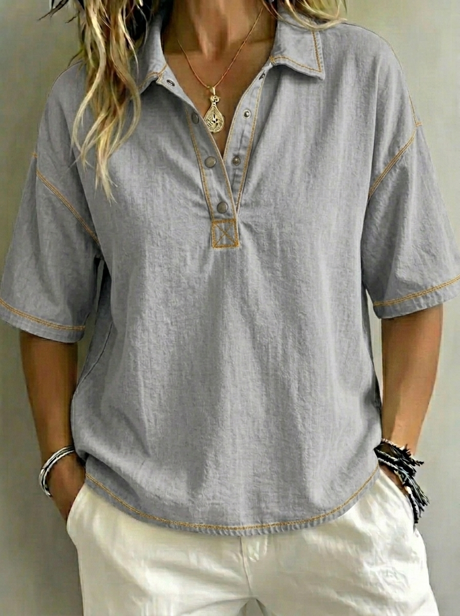 Women’s Washed Denim Polo Casual Top