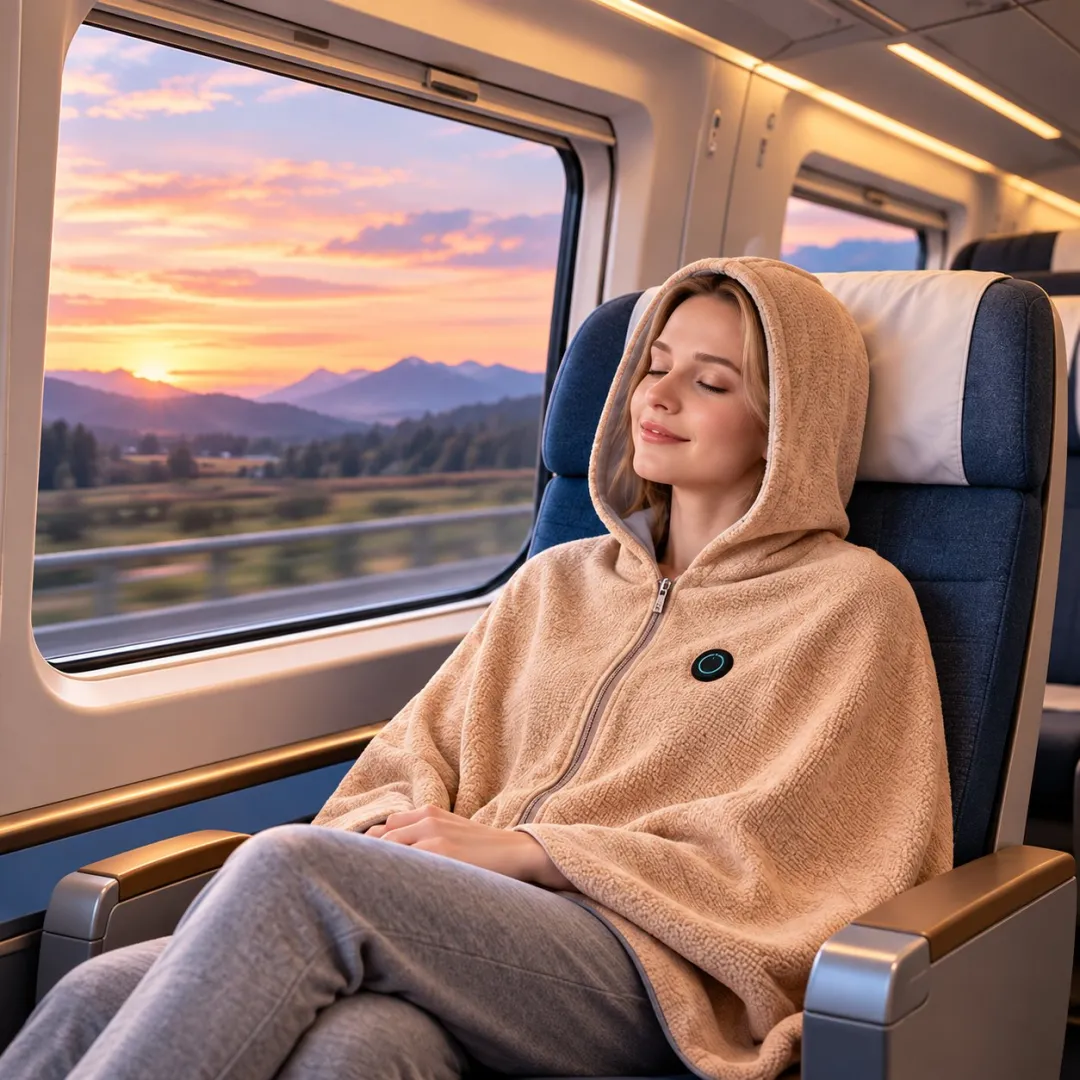 Beige wearable heated blanket with hood