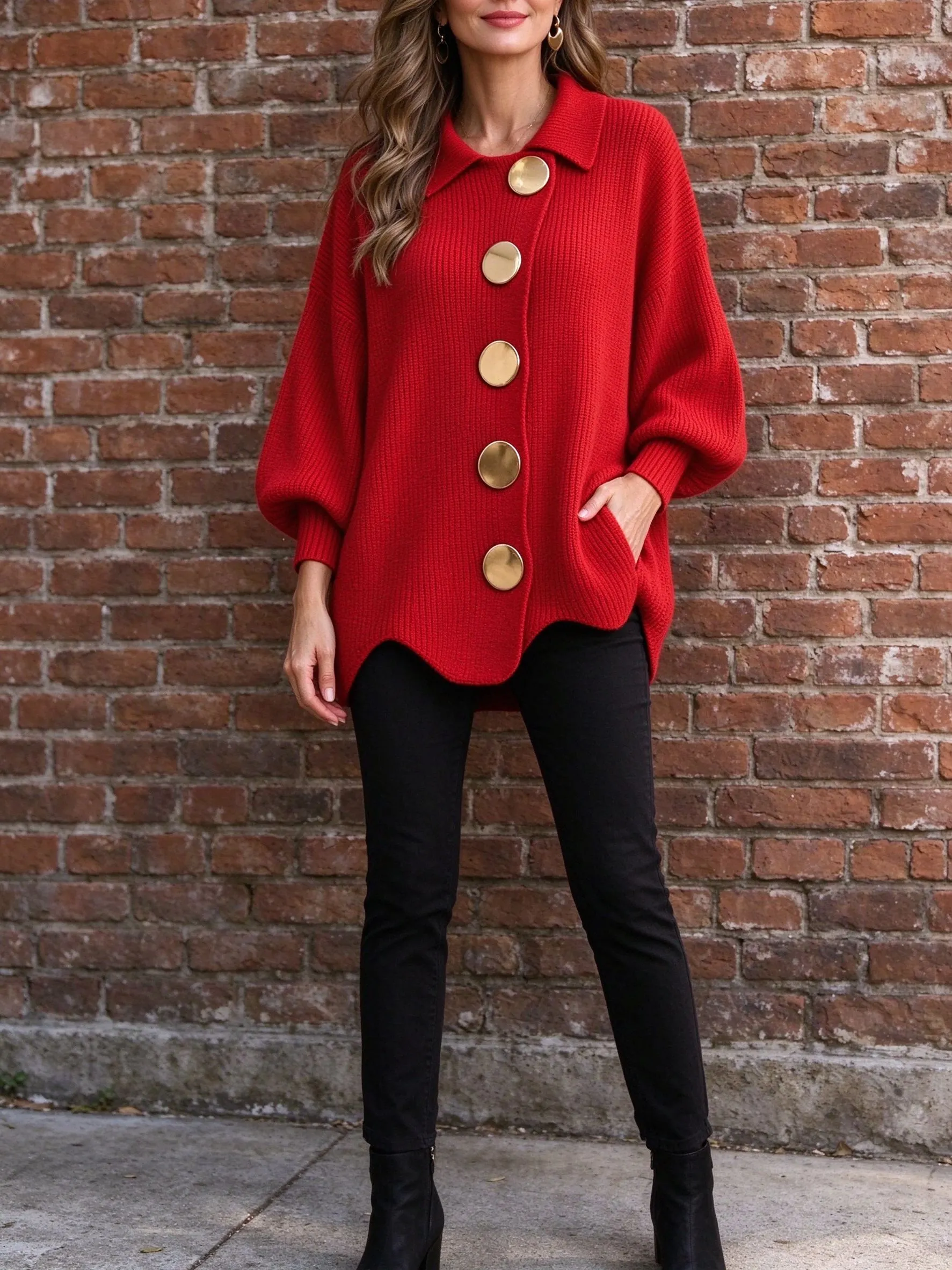 red cardigan with black pants