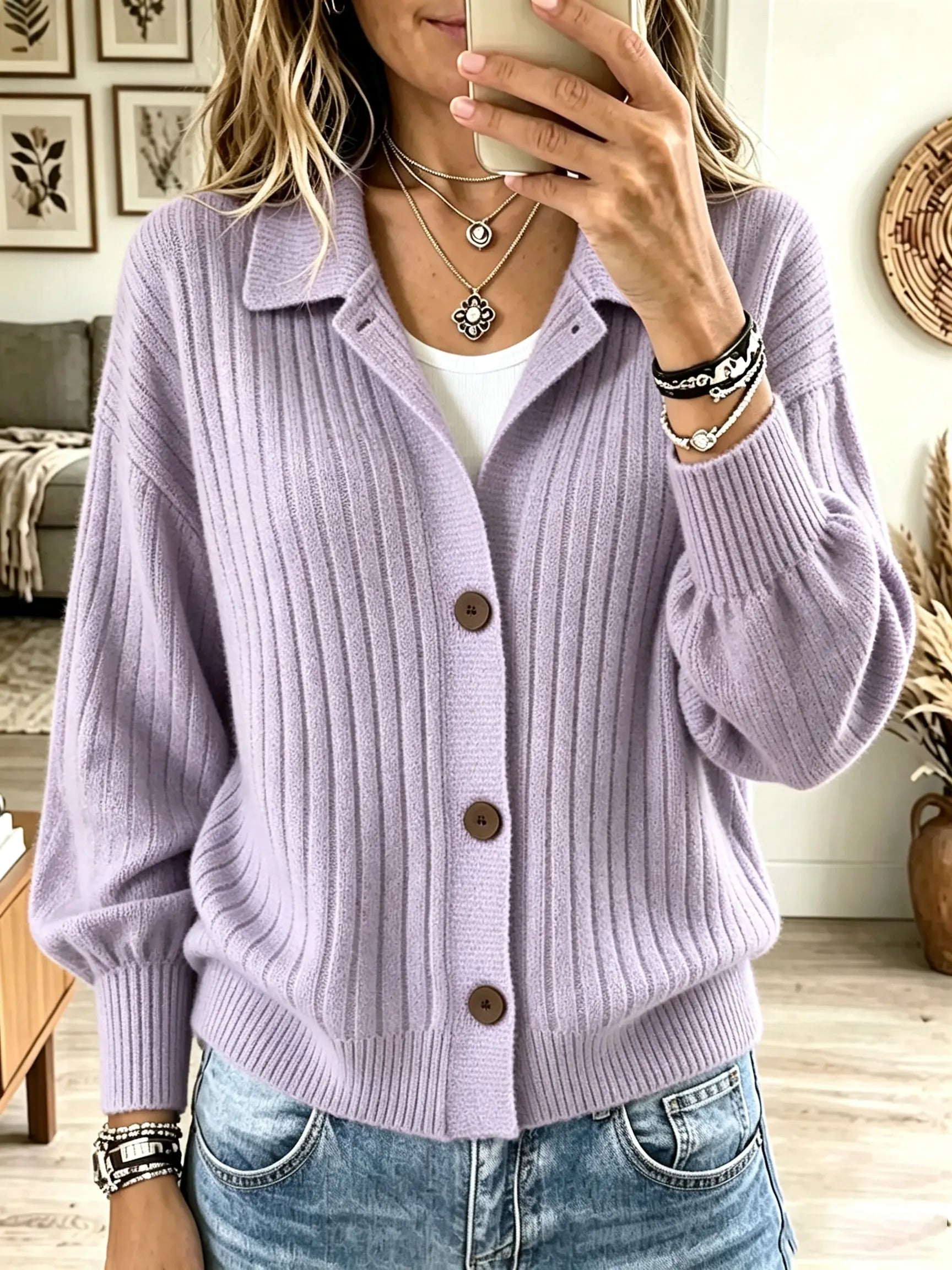 🤲LAST DAY SAVE 49% ⏰Women's Polo Collar Button-Down Ribbed Cardigan