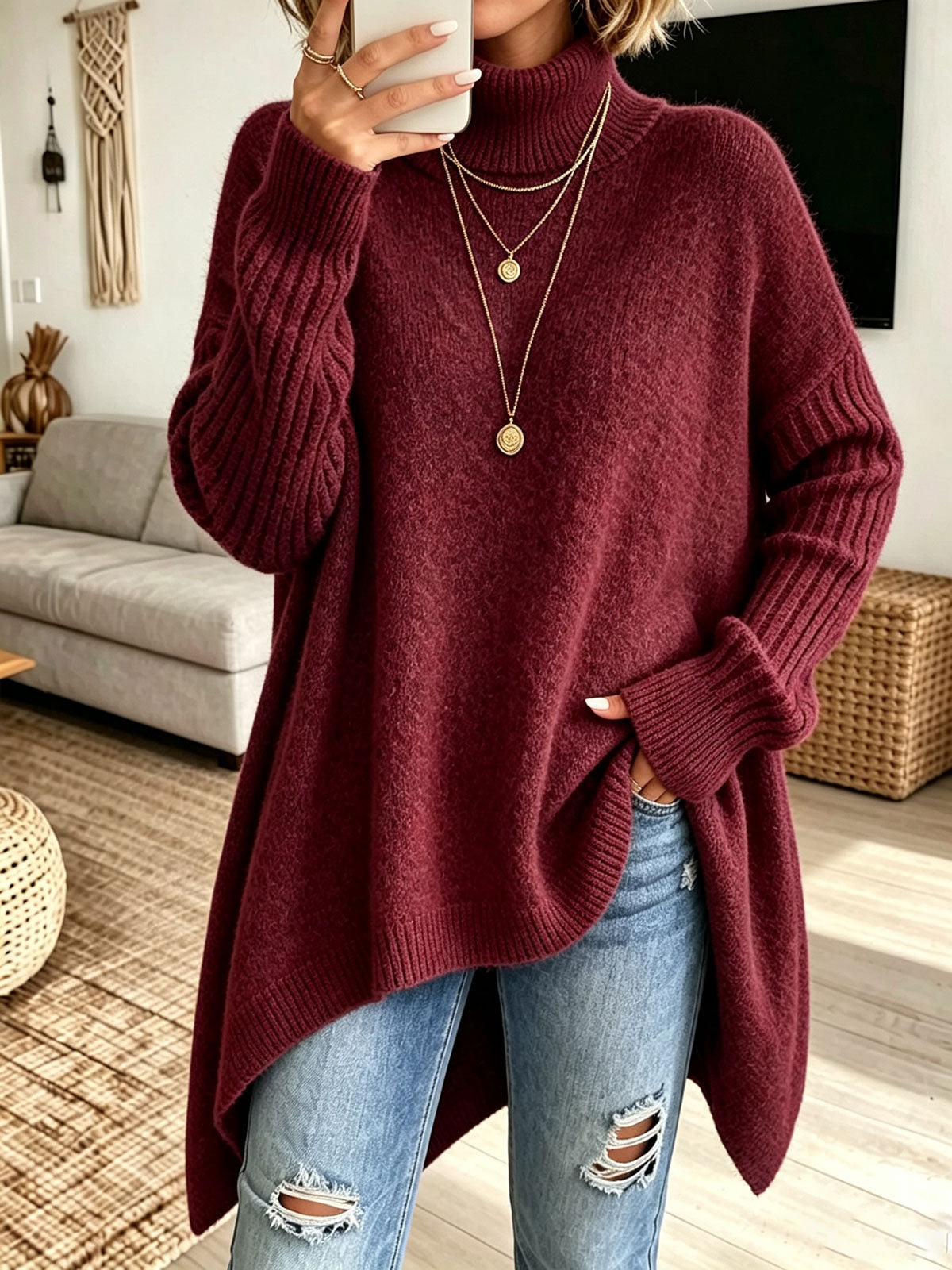 🤲LAST DAY SAVE 49% ⏰Women Oversized Turtleneck Asymmetric Hem Loose Knit Sweater
