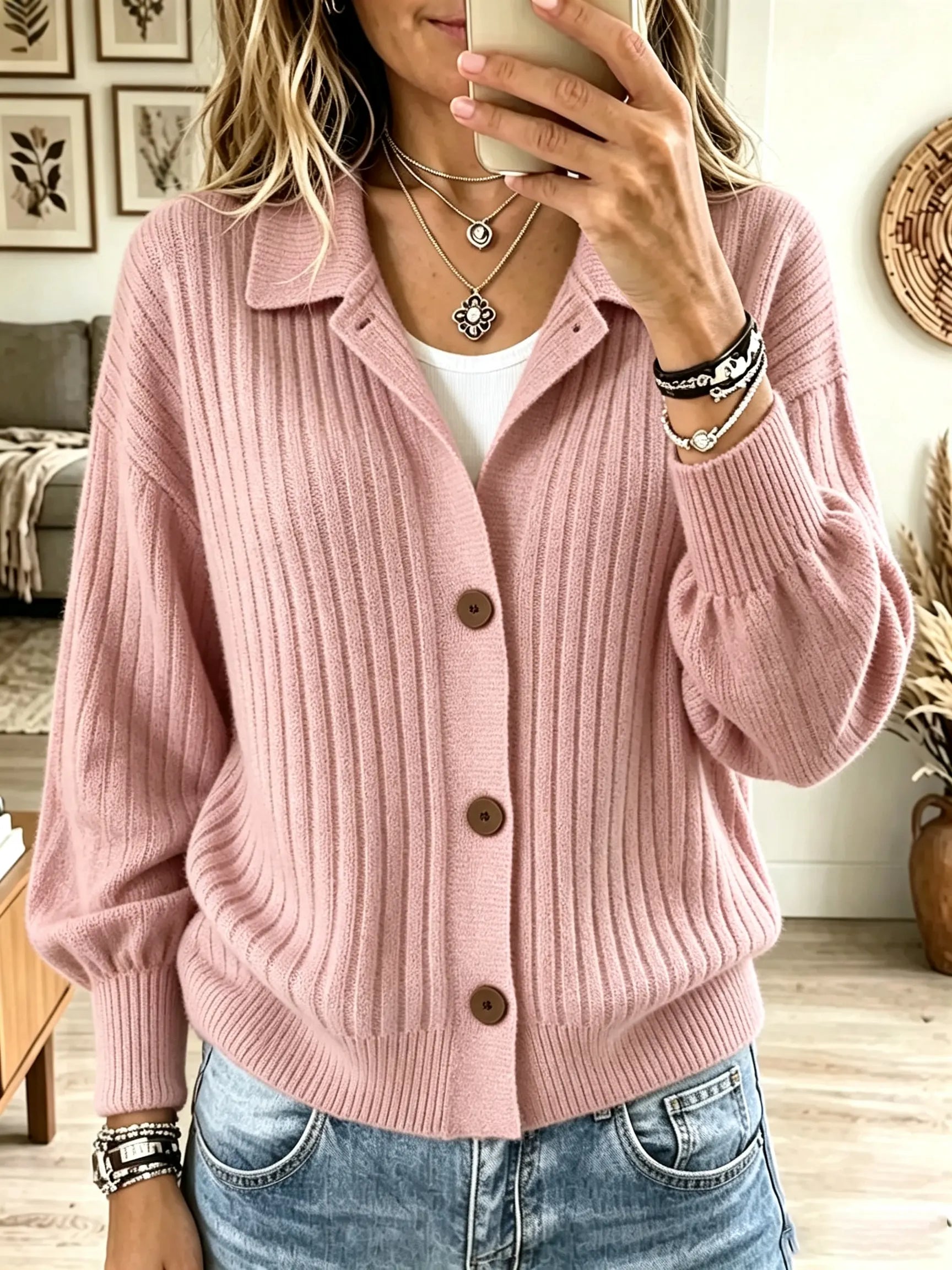 🤲LAST DAY SAVE 49% ⏰Women's Polo Collar Button-Down Ribbed Cardigan