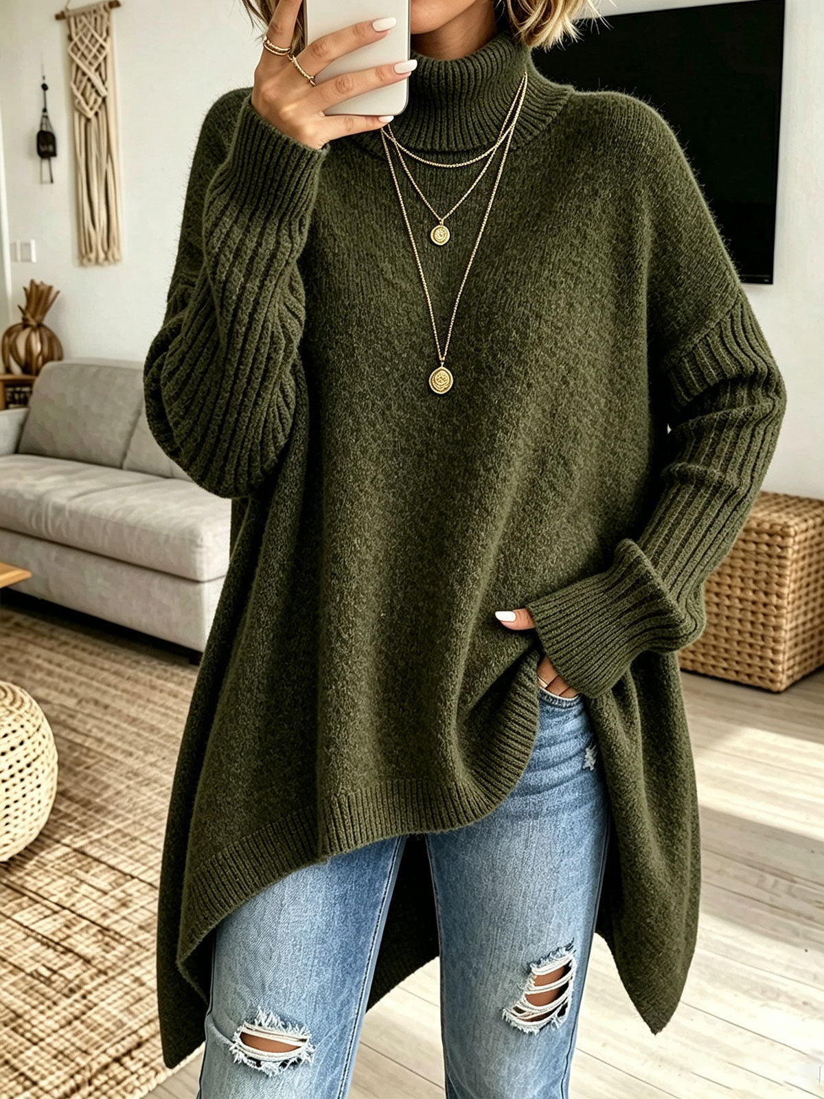 🤲LAST DAY SAVE 49% ⏰Women Oversized Turtleneck Asymmetric Hem Loose Knit Sweater
