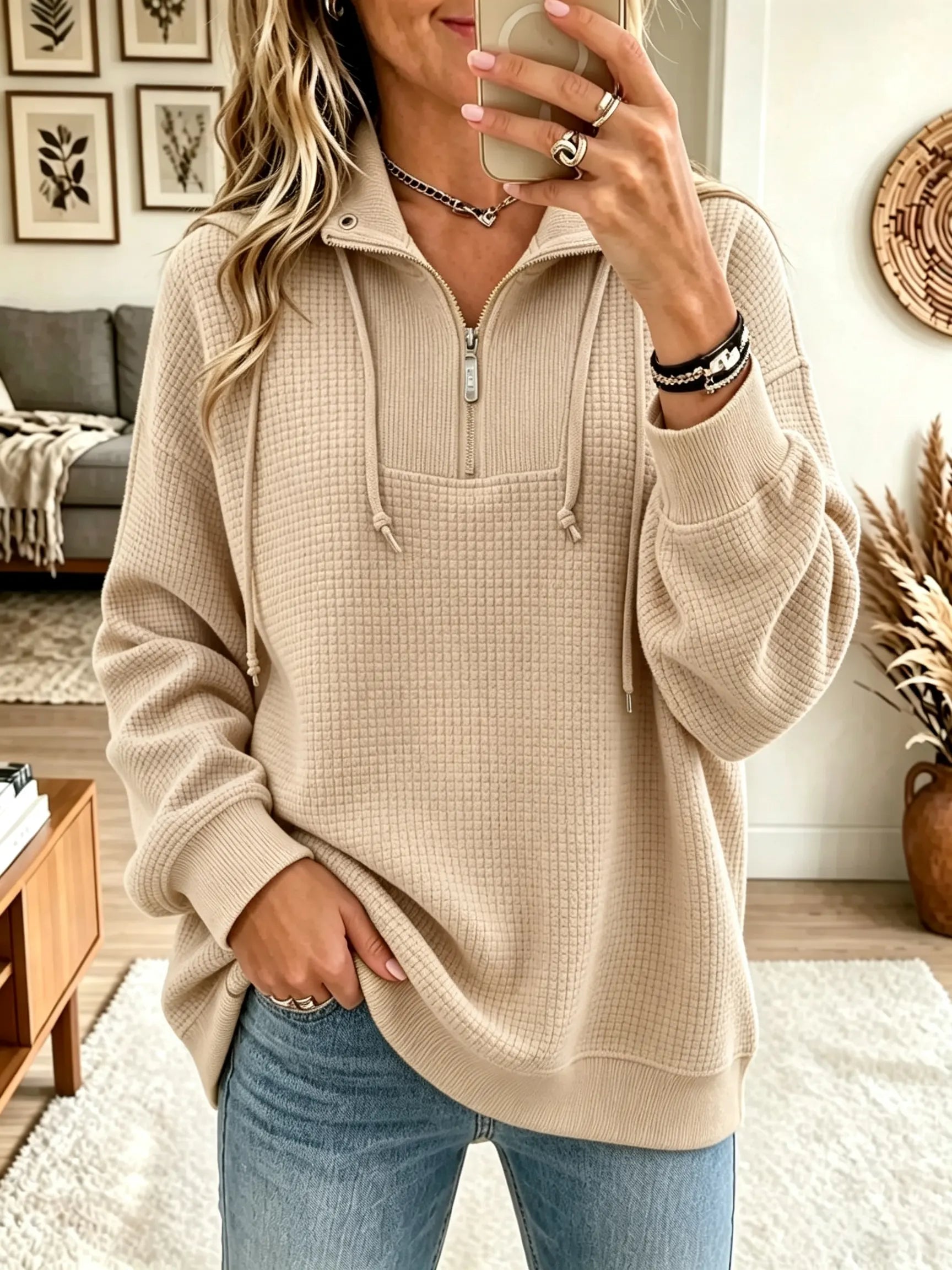🤲LAST DAY SAVE 49% ⏰Women's Half-Zip Waffle Knit Pullover Sweatshirt