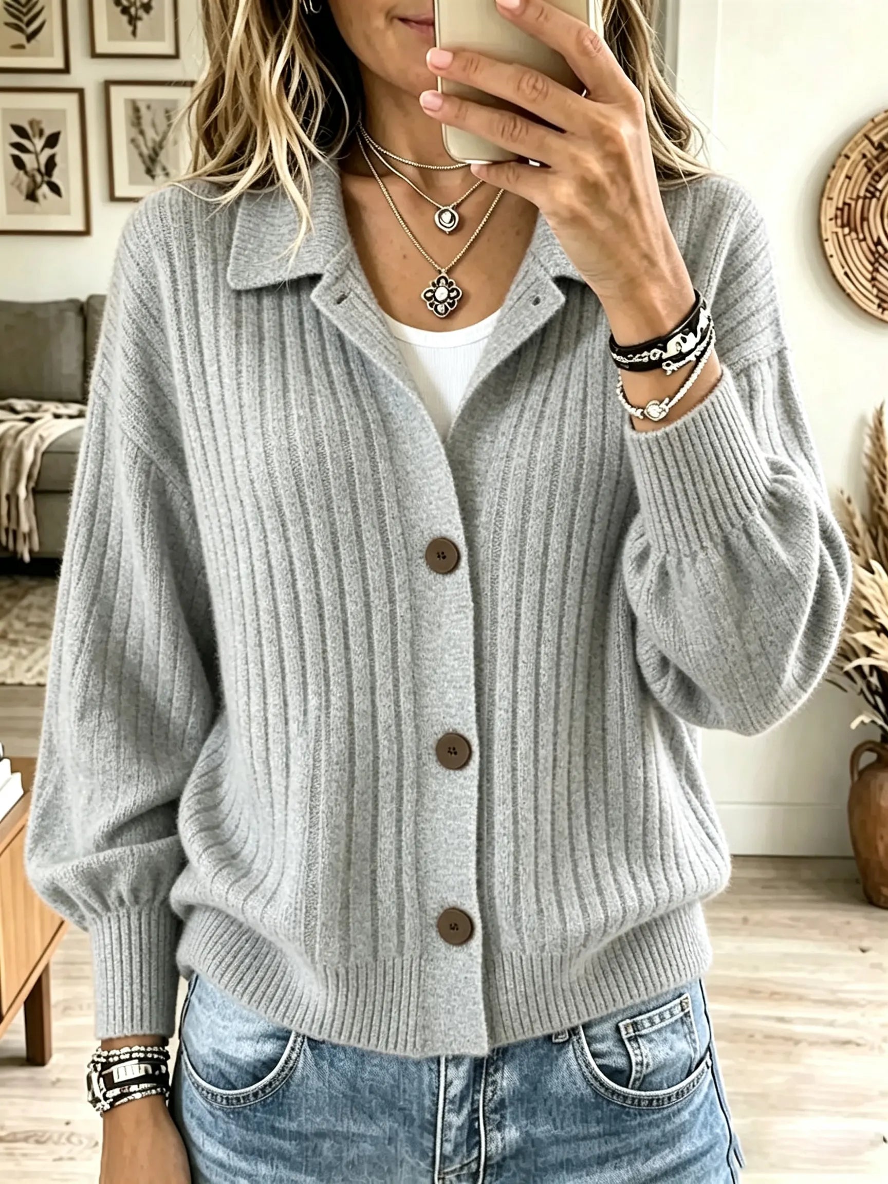 🤲LAST DAY SAVE 49% ⏰Women's Polo Collar Button-Down Ribbed Cardigan