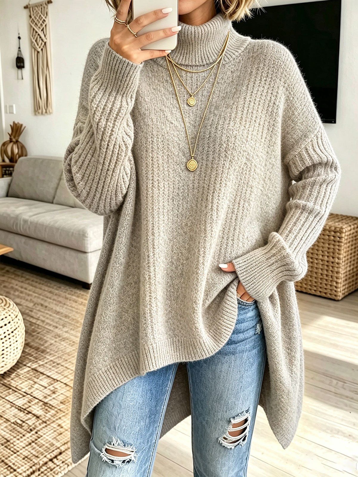 🤲LAST DAY SAVE 49% ⏰Women Oversized Turtleneck Asymmetric Hem Loose Knit Sweater