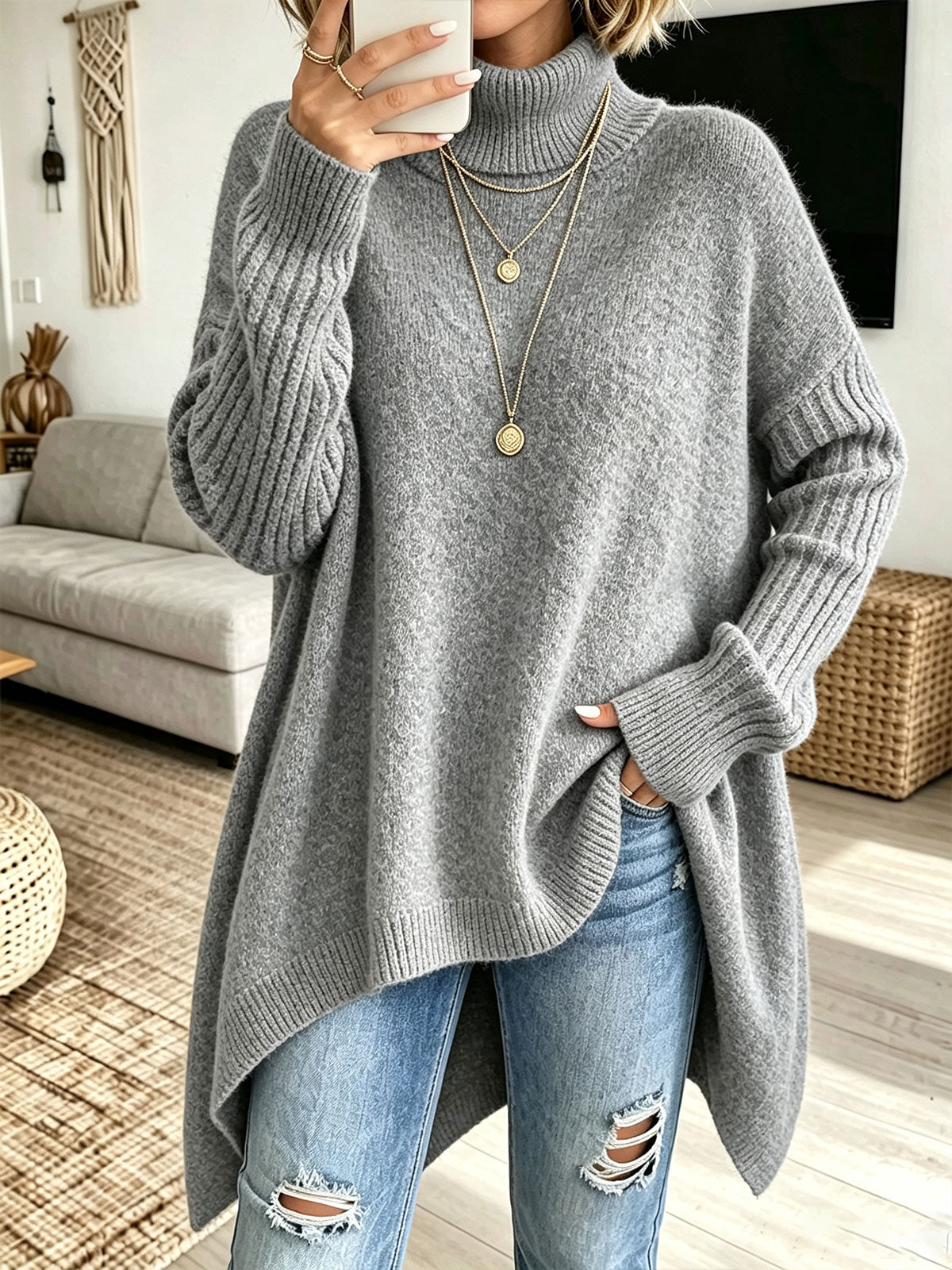 🤲LAST DAY SAVE 49% ⏰Women Oversized Turtleneck Asymmetric Hem Loose Knit Sweater