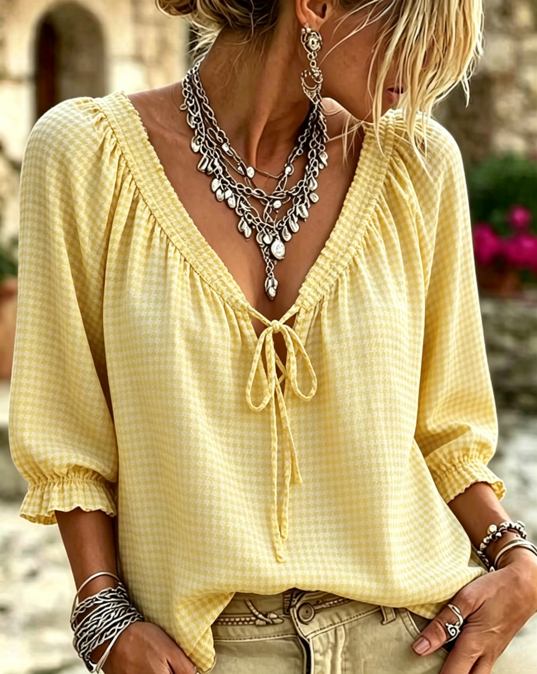 The Effortless Houndstooth Tie-Front Blouse