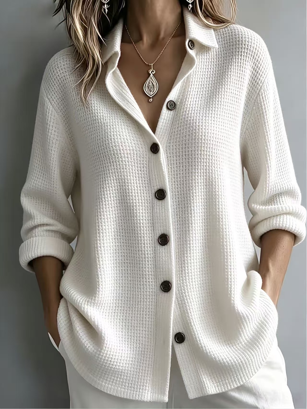 Women's Waffle Knit Button-Up Shirt – Relaxed Textured Top for Everyday Wear