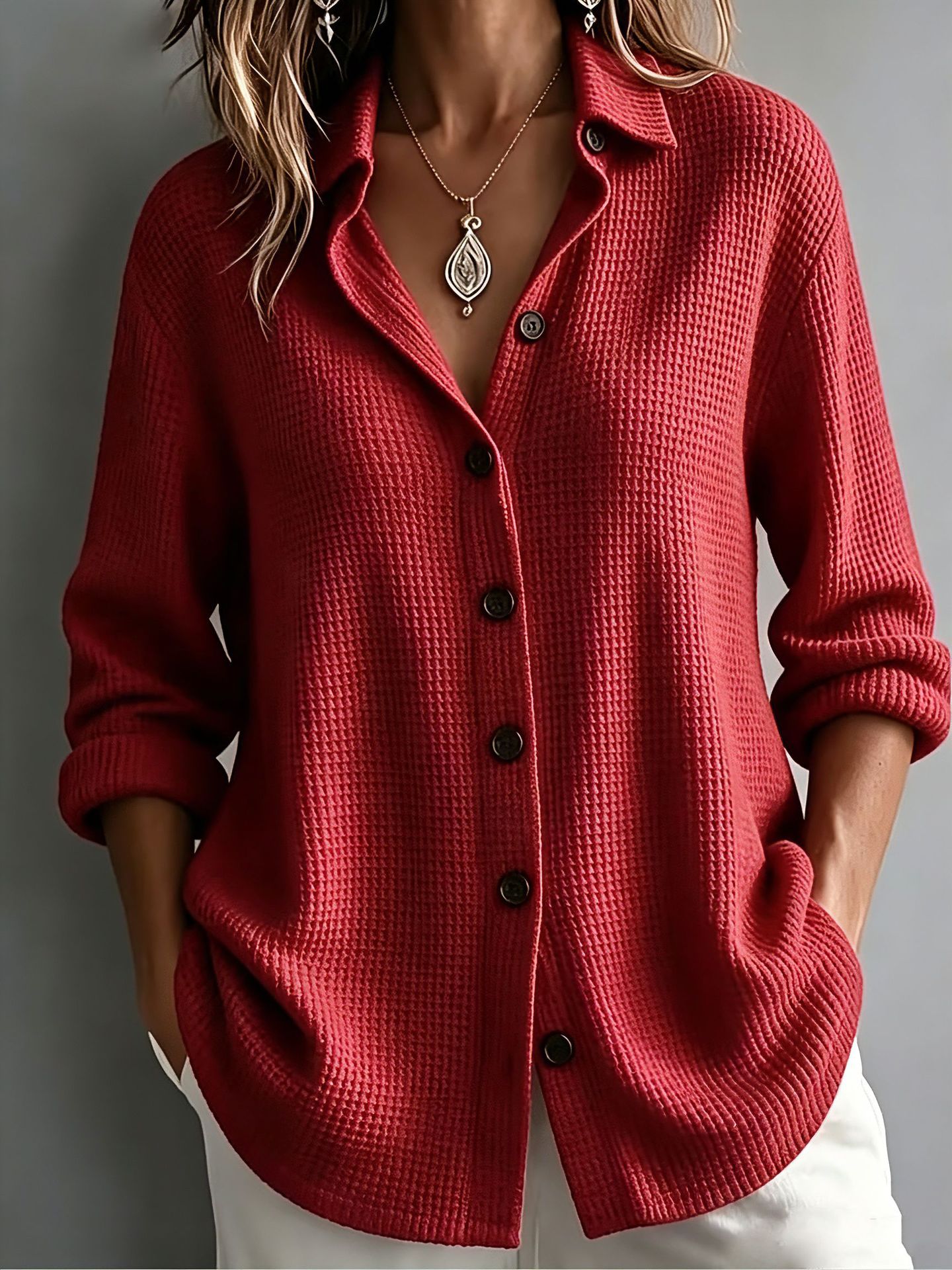 Women's Waffle Knit Button-Up Shirt – Relaxed Textured Top for Everyday Wear