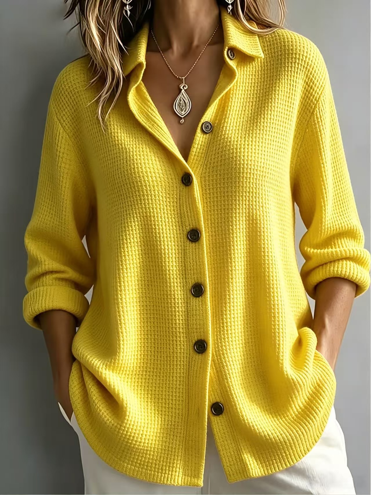 Women's Waffle Knit Button-Up Shirt – Relaxed Textured Top for Everyday Wear