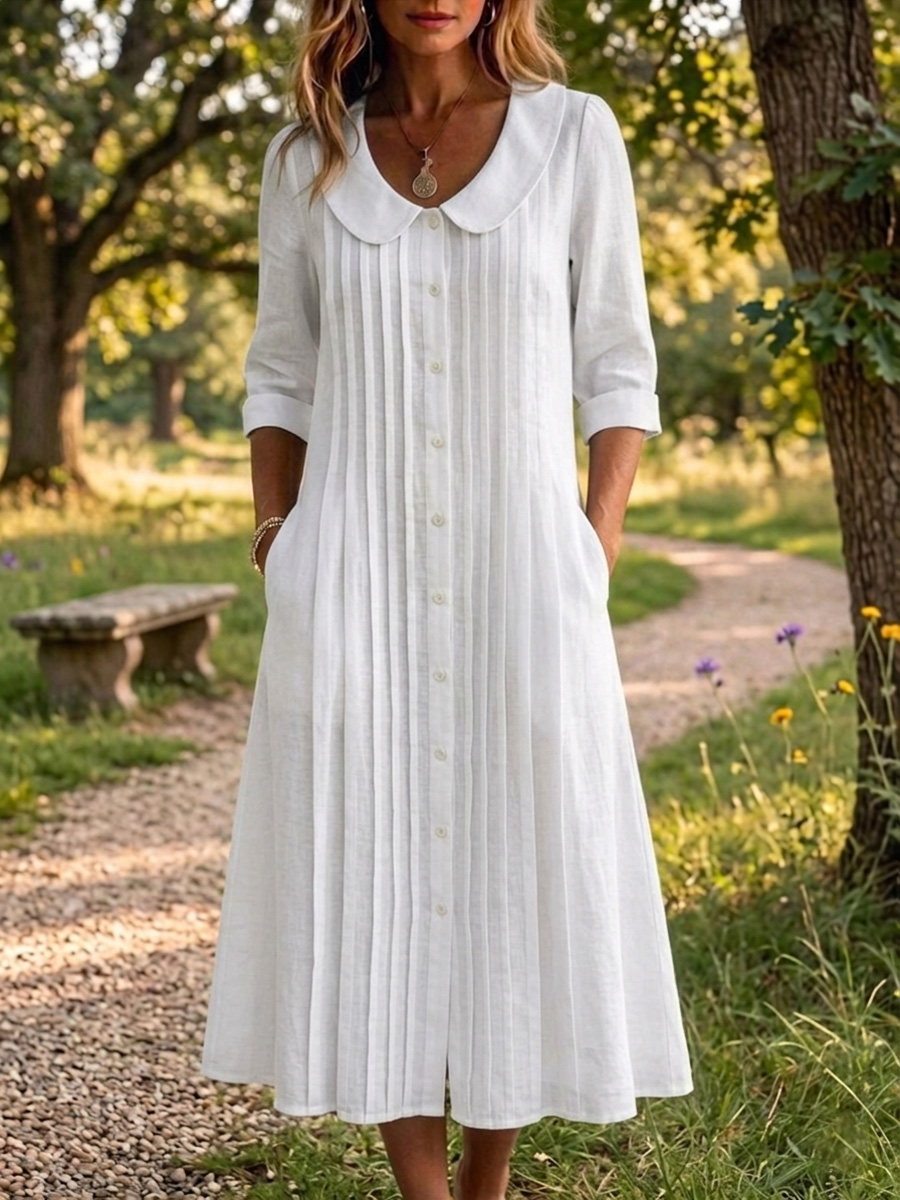 Vintage Peter Pan Collar Pleated Maxi Dress
