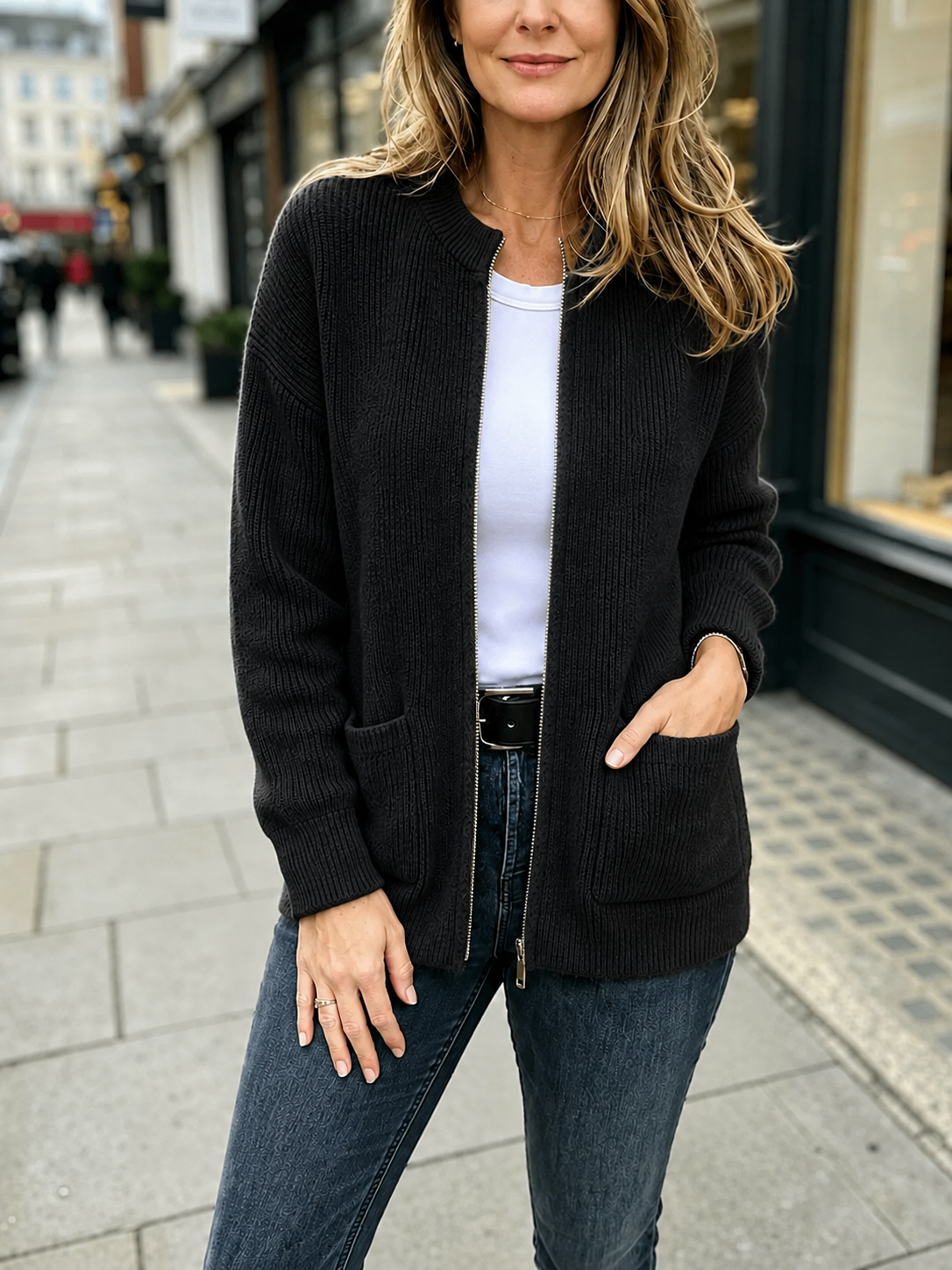 Everyday Ease™ Zip-Front Ribbed Knit Wool Cardigan