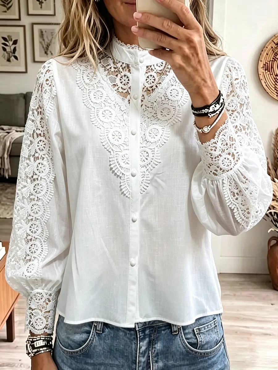 Women's Lace Button Blouse – Elegant Relaxed Fit for Everyday Wear