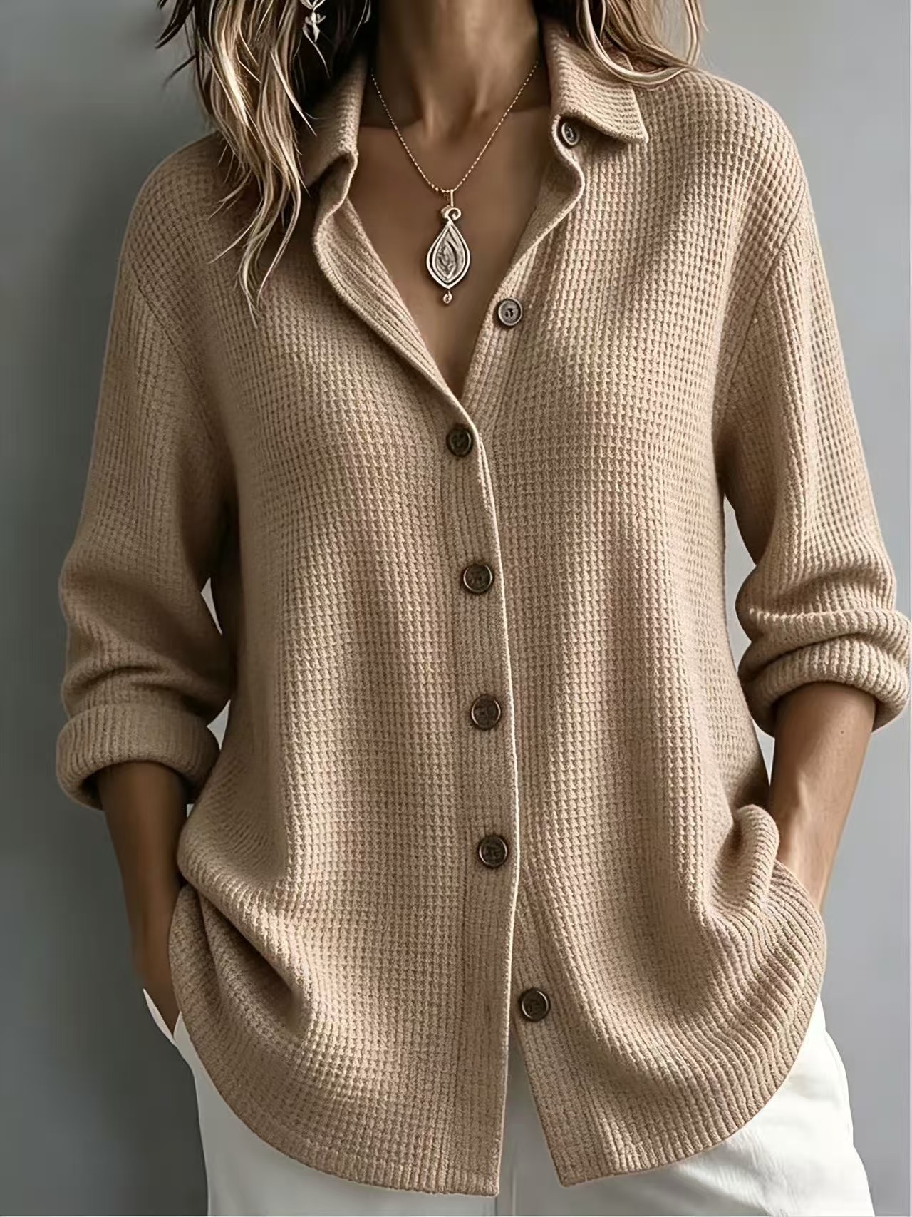 Women's Waffle Knit Button-Up Shirt – Relaxed Textured Top for Everyday Wear