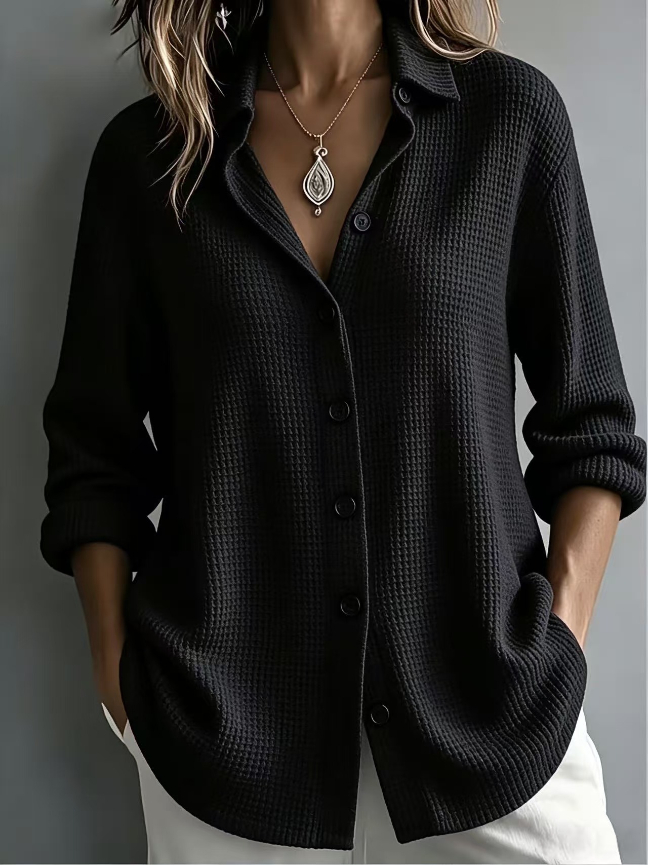 Women's Waffle Knit Button-Up Shirt – Relaxed Textured Top for Everyday Wear