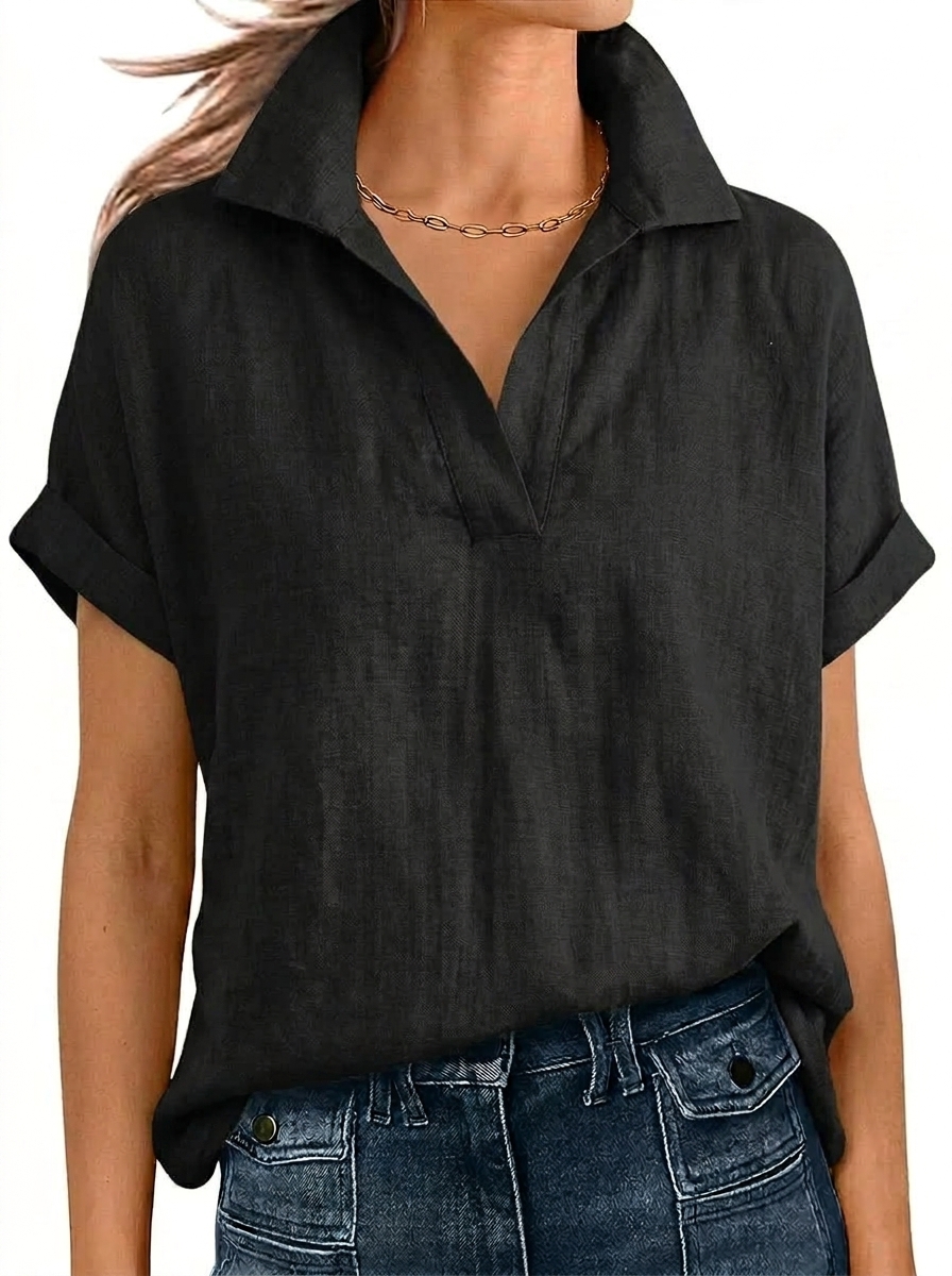 Relaxed Linen Short Sleeve V-Neck Blouse