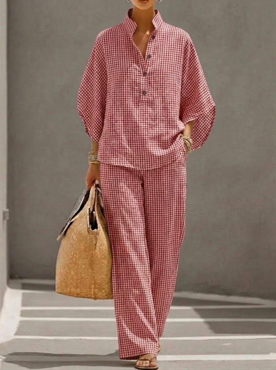 Limited-Time Offer: 49% OFF🔥Women’s Cotton Linen Gingham Henley Two-Piece Set